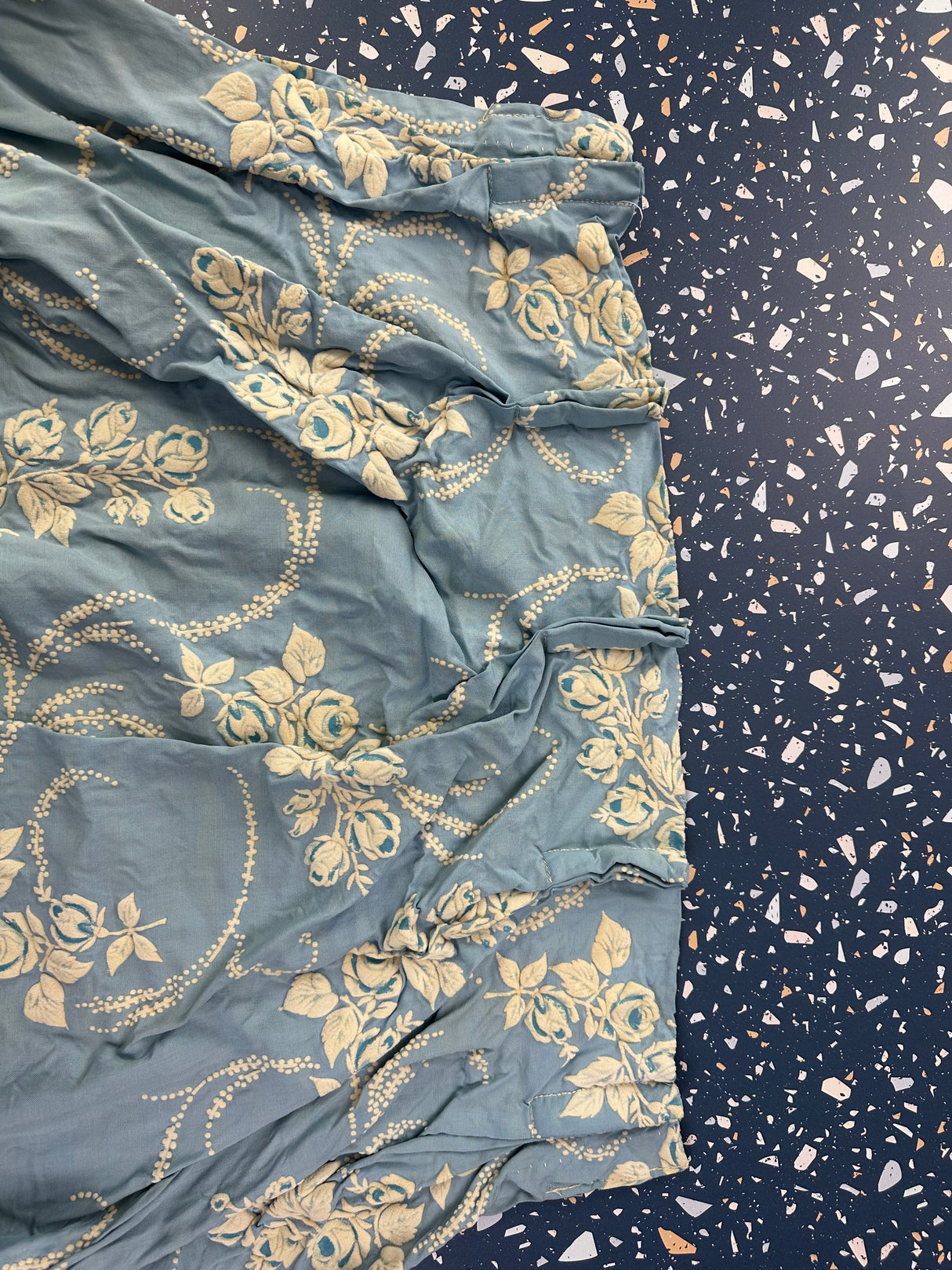 1960’s Blue Pinch Pleat Curtain Panel with Large Flocked Roses - (P208)