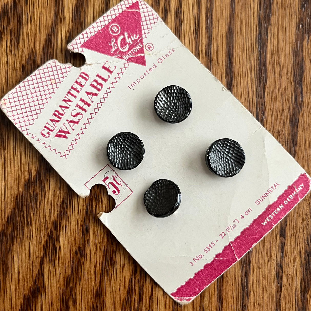 1950’s Le Chic Gunmetal Grey Glass Buttons - Grey - Set of 4 - Size 22 - 9/16" - on card