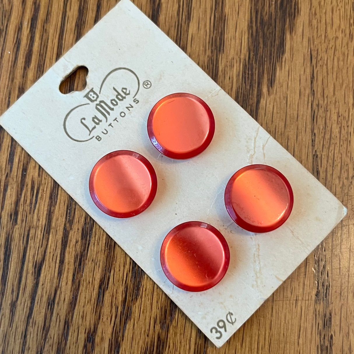 1970’s La Mode Red Plastic Shank Buttons - Opalescent - Set of 4 - Size 28 - 3/4" - on card