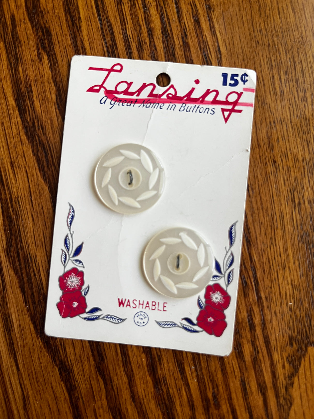 1950’s Lansing Off White Carved Plastic Buttons - Set of 2 - 7/8” - on card