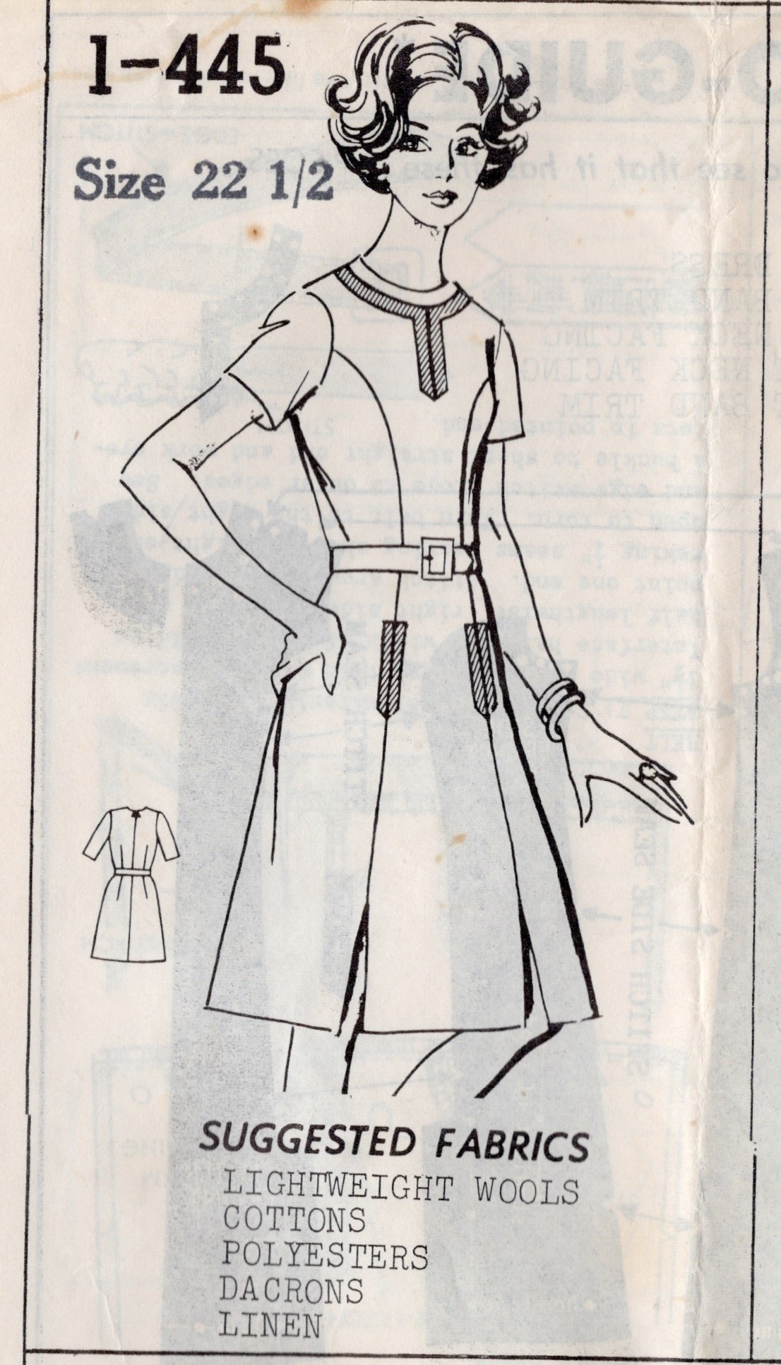 1970's Grit Princess Line Dress Pattern with Band Accents - Bust 45" - No. 1-445