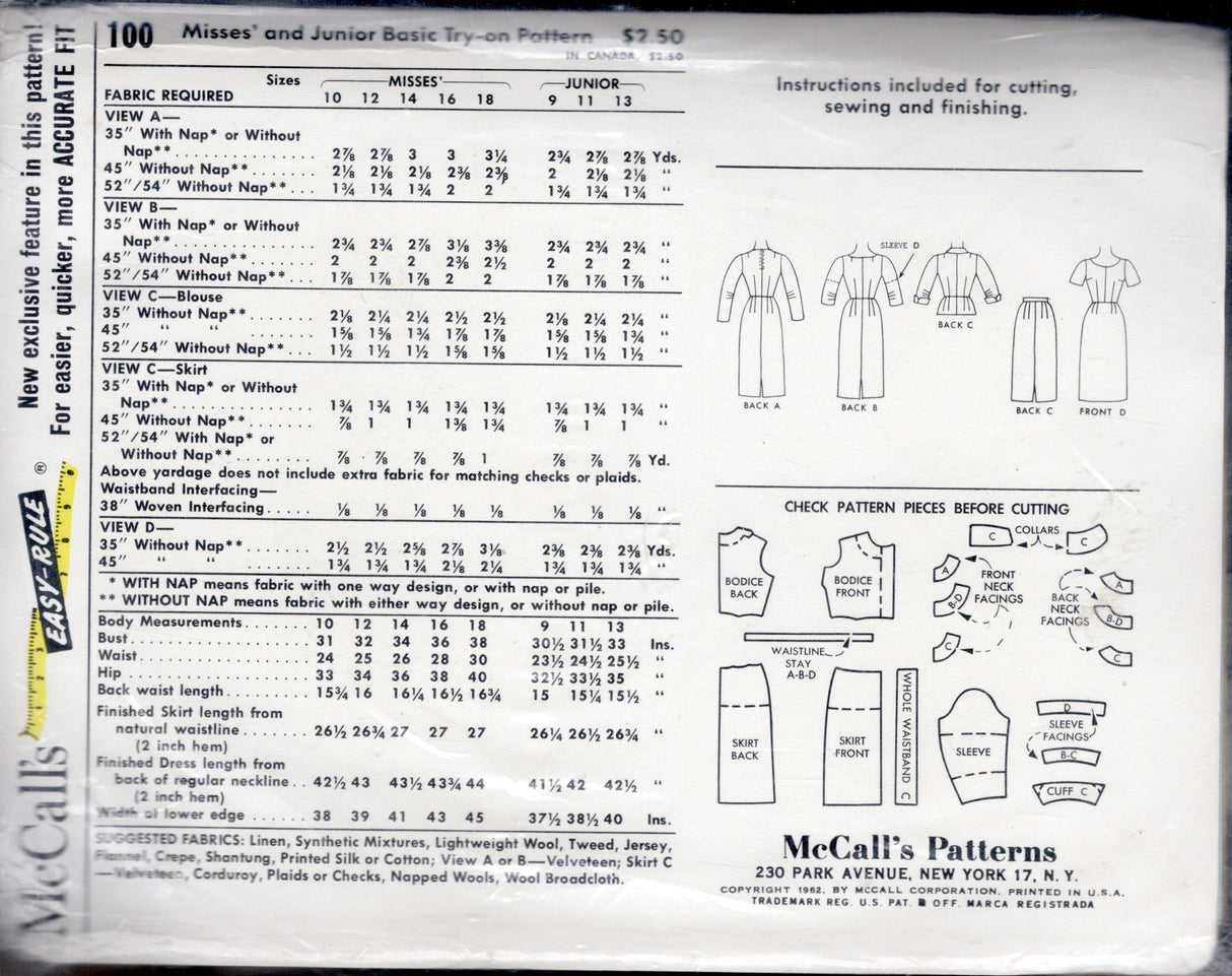 1960's McCall's Basic Try-On Sloper Pattern - Bust 36" - No. 100