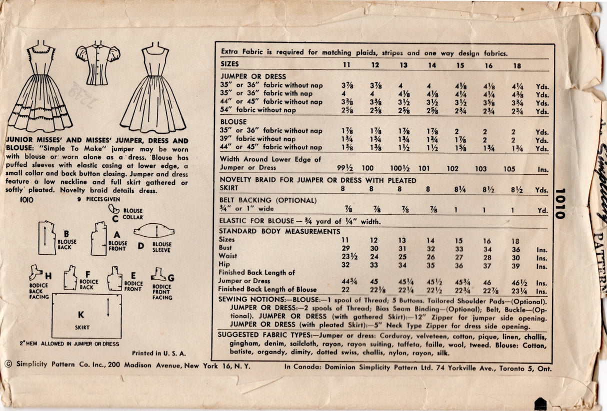 1950’s Simplicity One Piece Jumper or Dress Pattern with Full Skirt and Button Up Shirt - Bust 30" - No. 1010