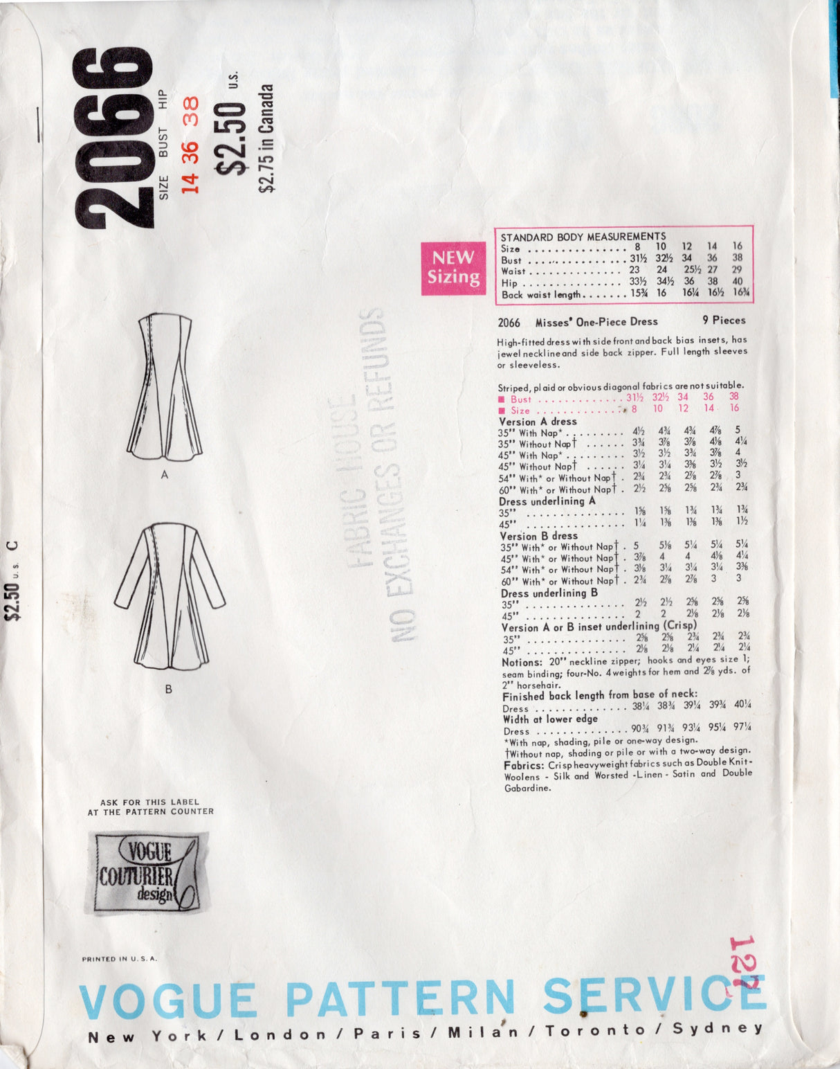 1960's Vogue Couturier Design One Piece Godet Dress by Federico Forquet - Bust 36" - No. 2066