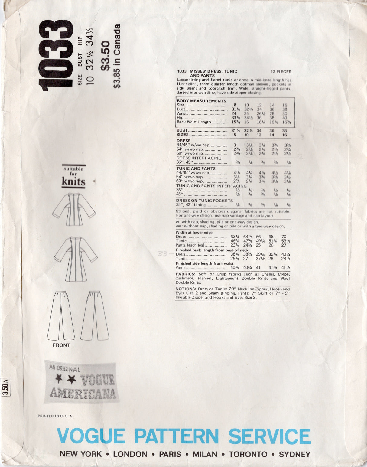 1970's Vogue Americana One Piece Dress or Tunic and Pants - Bust 32.5" - No. 1033