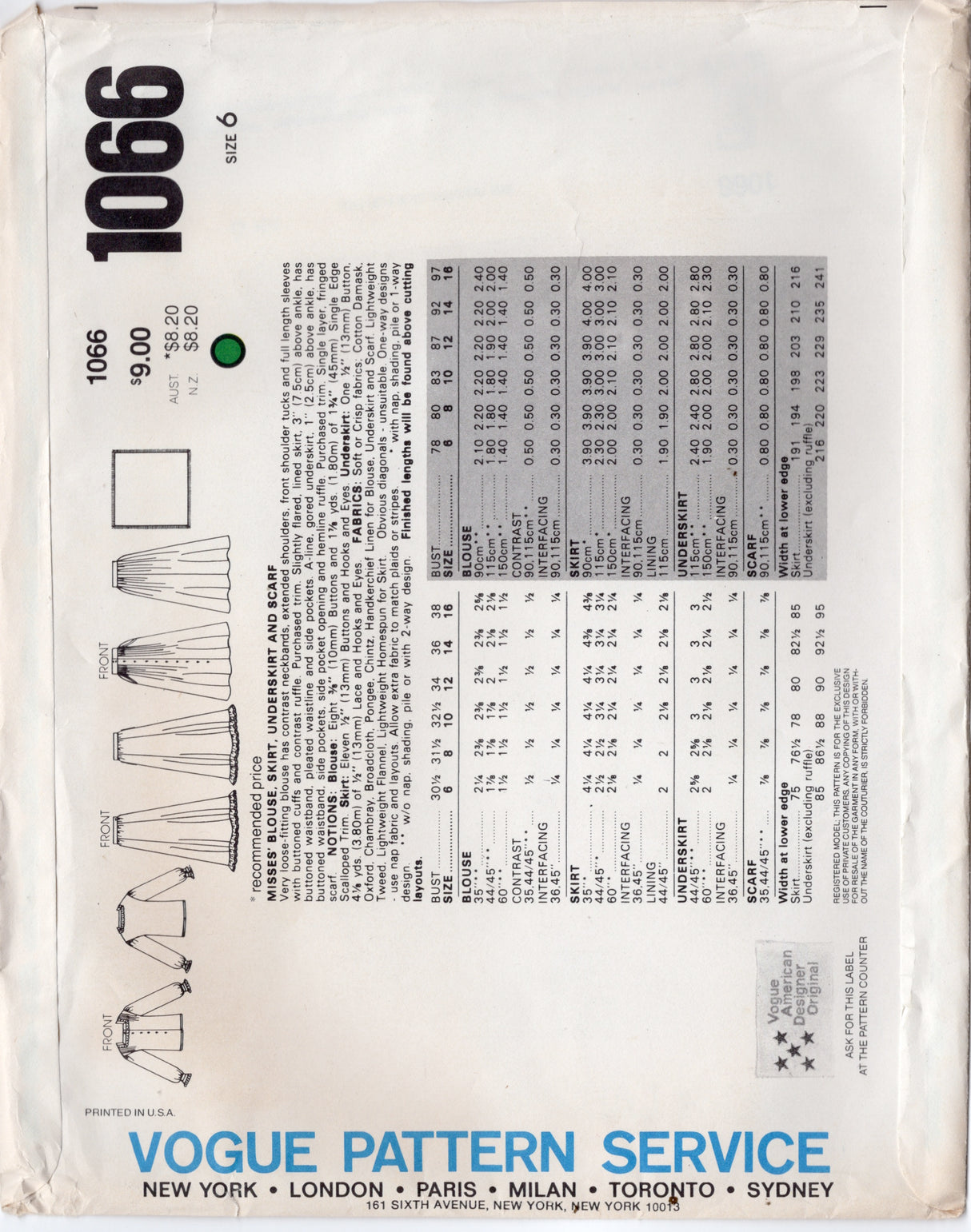 1980's Vogue American Designer Button-Up Blouse, Skirt, Underskirt and Scarf Pattern - Bust 30.5" - No. 1066