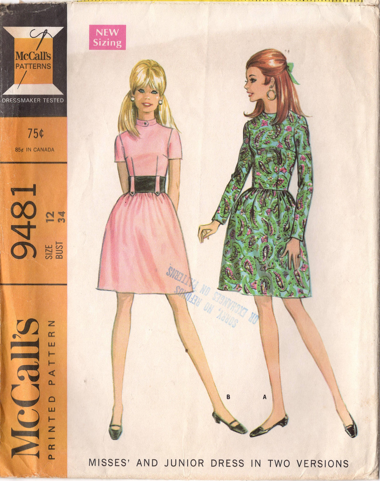 1960's McCall's Fit and Flare Dress with Stand Collar and Tab Accent Pattern - Bust 34" - no. 9481