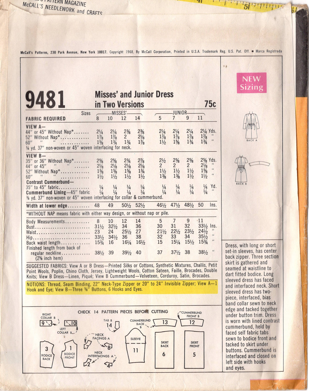 1960's McCall's Fit and Flare Dress with Stand Collar and Tab Accent Pattern - Bust 34" - no. 9481