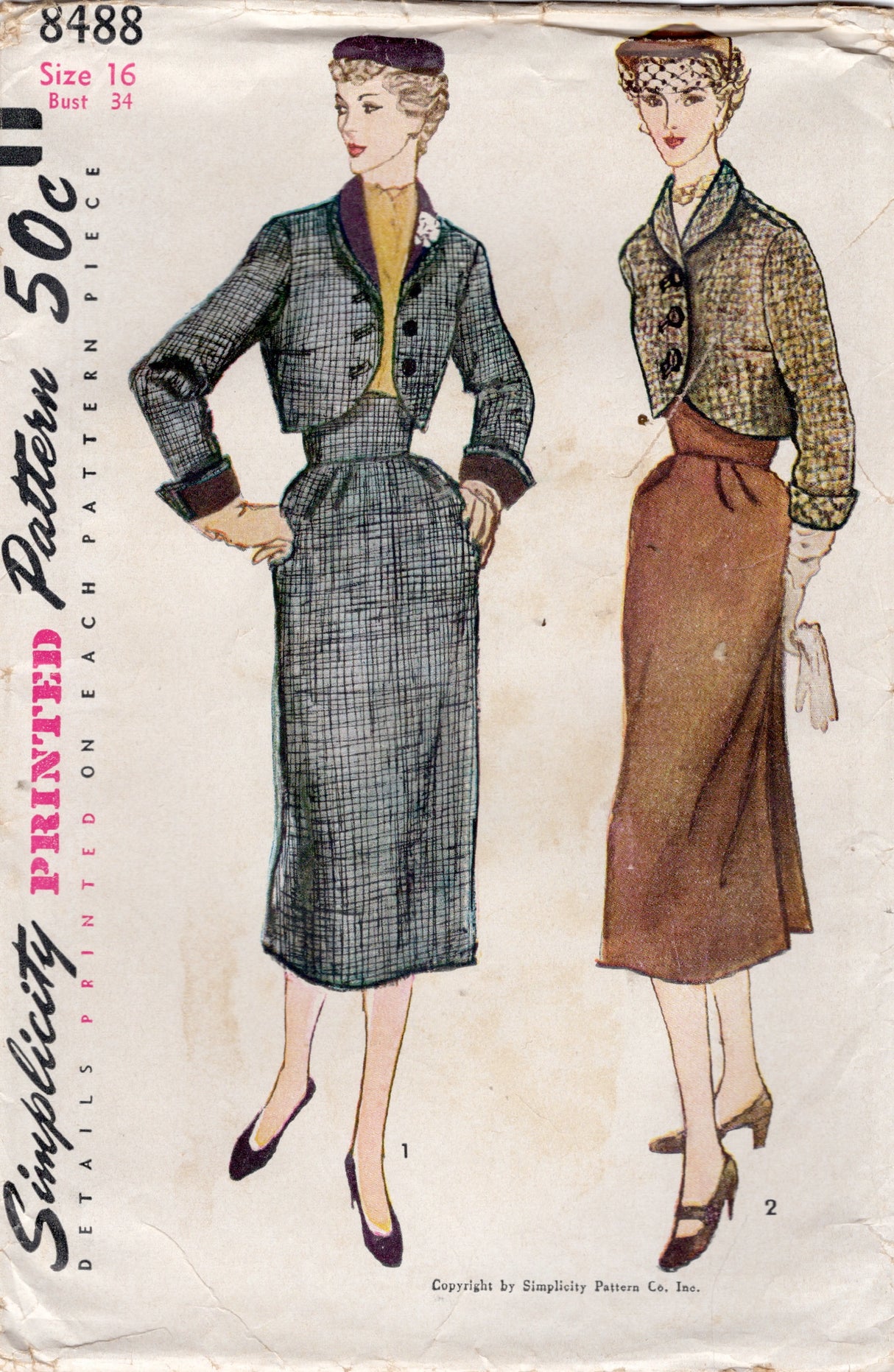 1950's Simplicity Two Piece Suit Pattern with Raised Waistband Skirt - Bust 34" - No. 8488