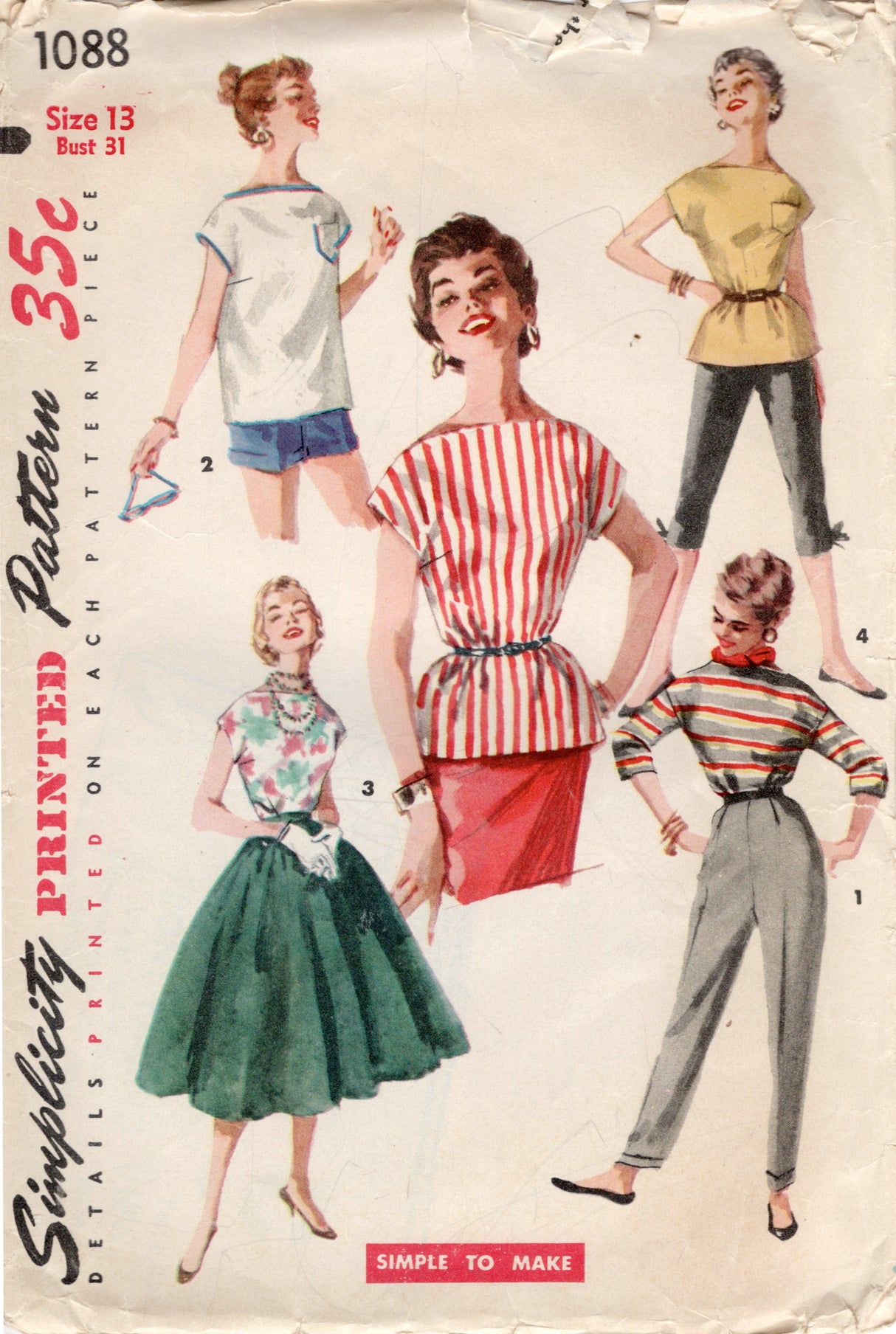 1950's Simplicity Pullover Blouse Pattern - Bust 31" - No. 1088