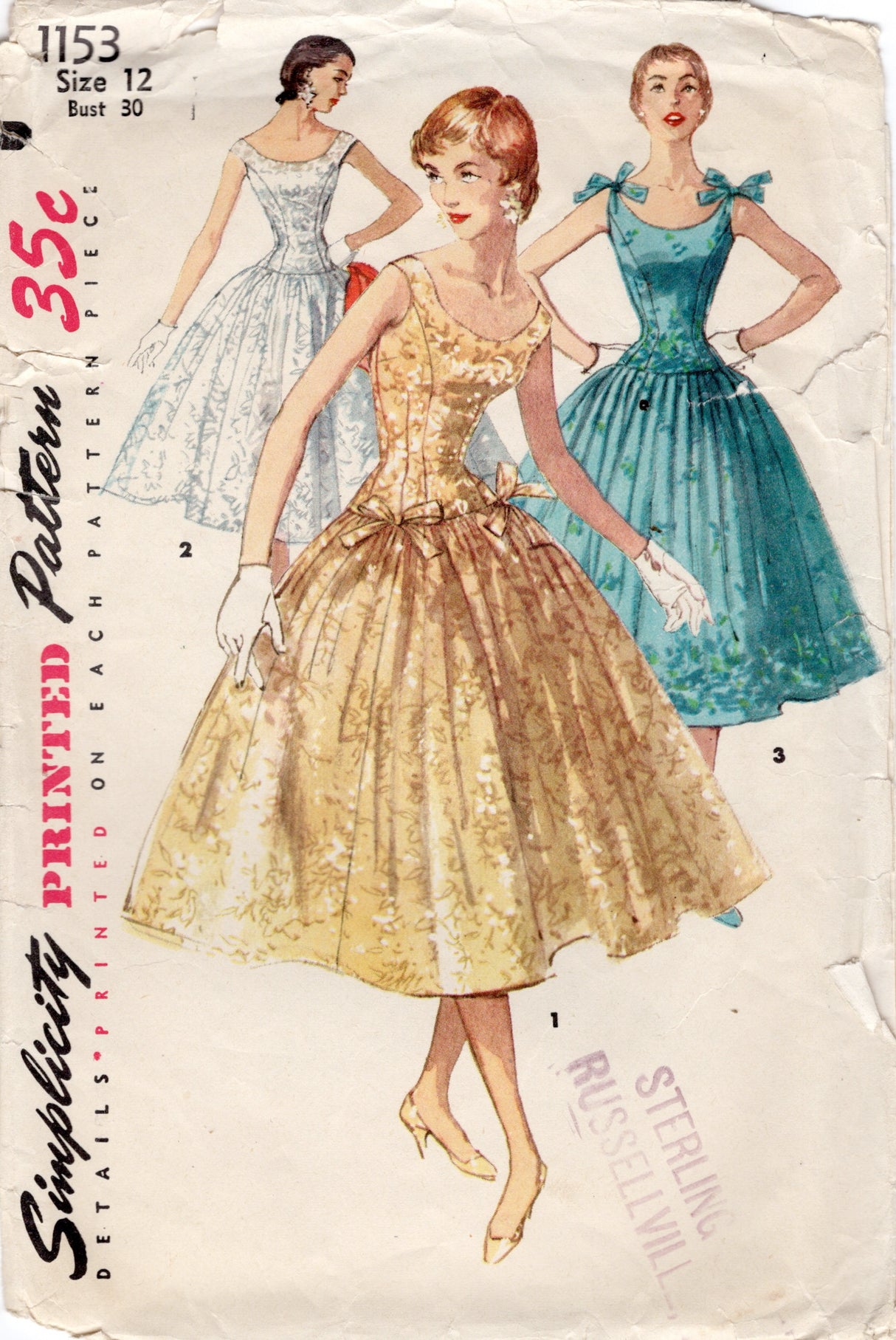 1950's Simplicity One-Piece Princess line Dress with Drop Waist and Bow accents - Bust 30" - No. 1153