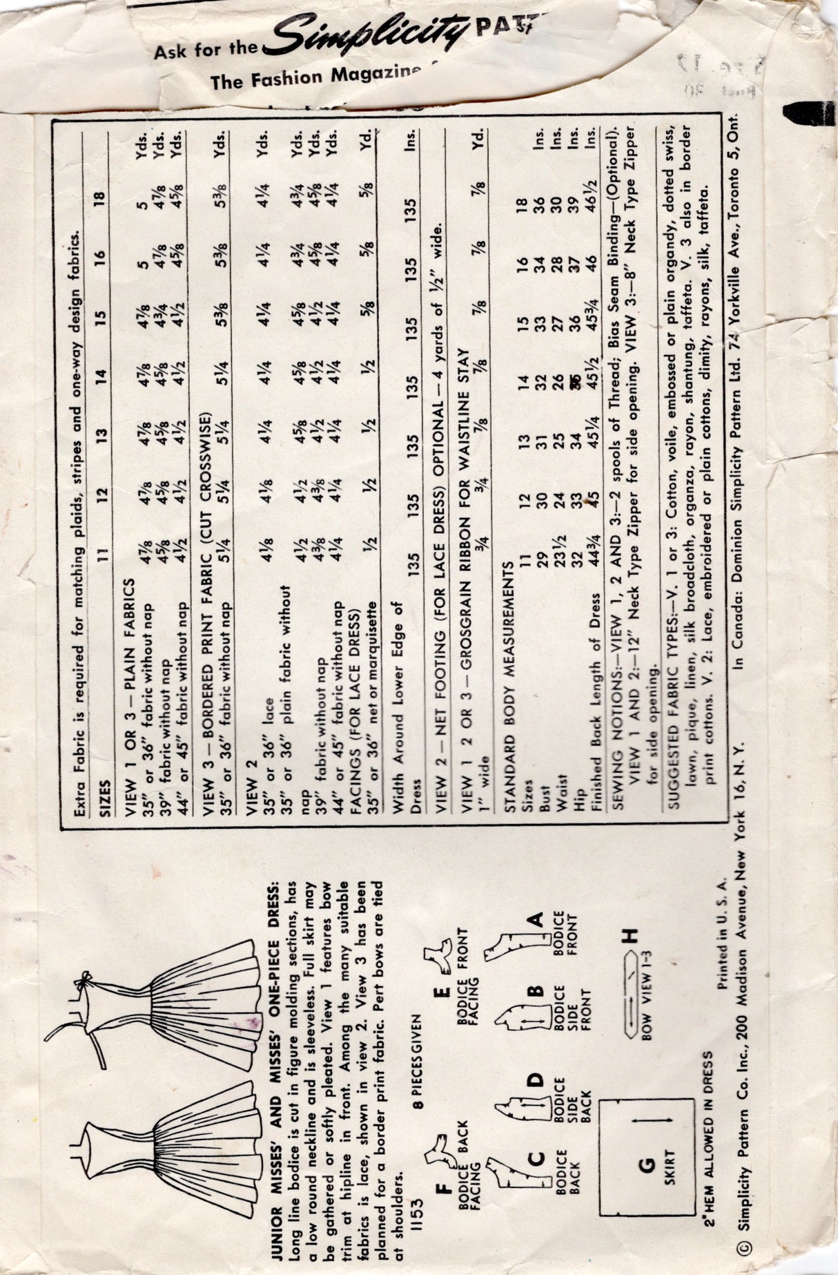 1950's Simplicity One-Piece Princess line Dress with Drop Waist and Bow accents - Bust 30" - No. 1153