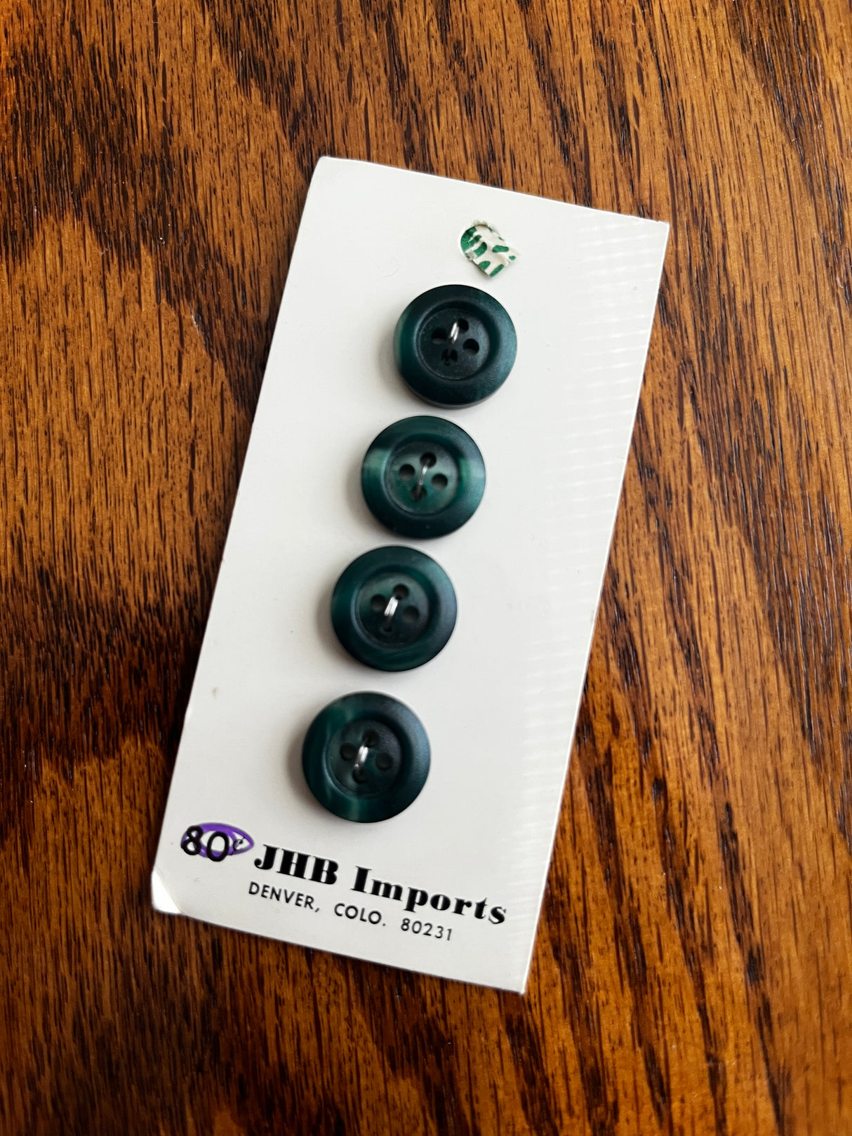 1980’s JHB Imports Dark Green Marbled Plastic Button - Set of 4 - 5/8" - on card