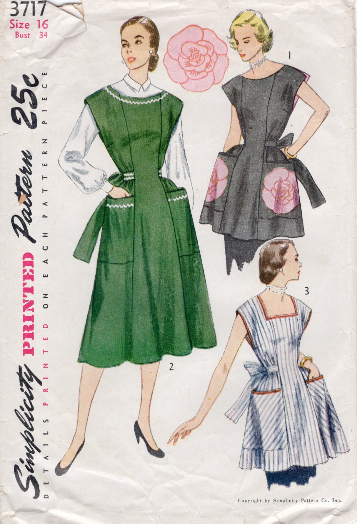 1950's Simplicity Housedress or Apron with patch Pockets - Bust 34" - No. 3717