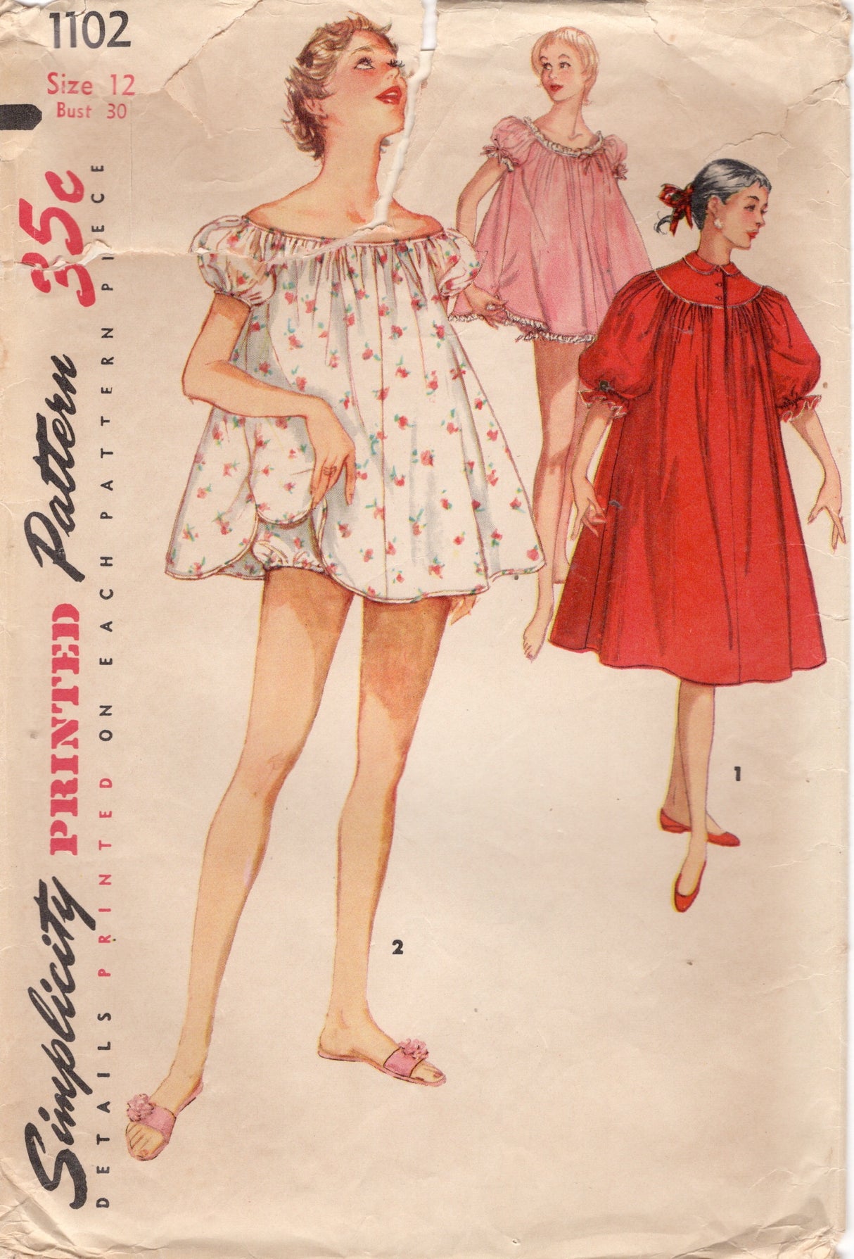 1950's Simplicity Baby doll or Full length Nightgown and Panties pattern – Bust 30" - No. 1102