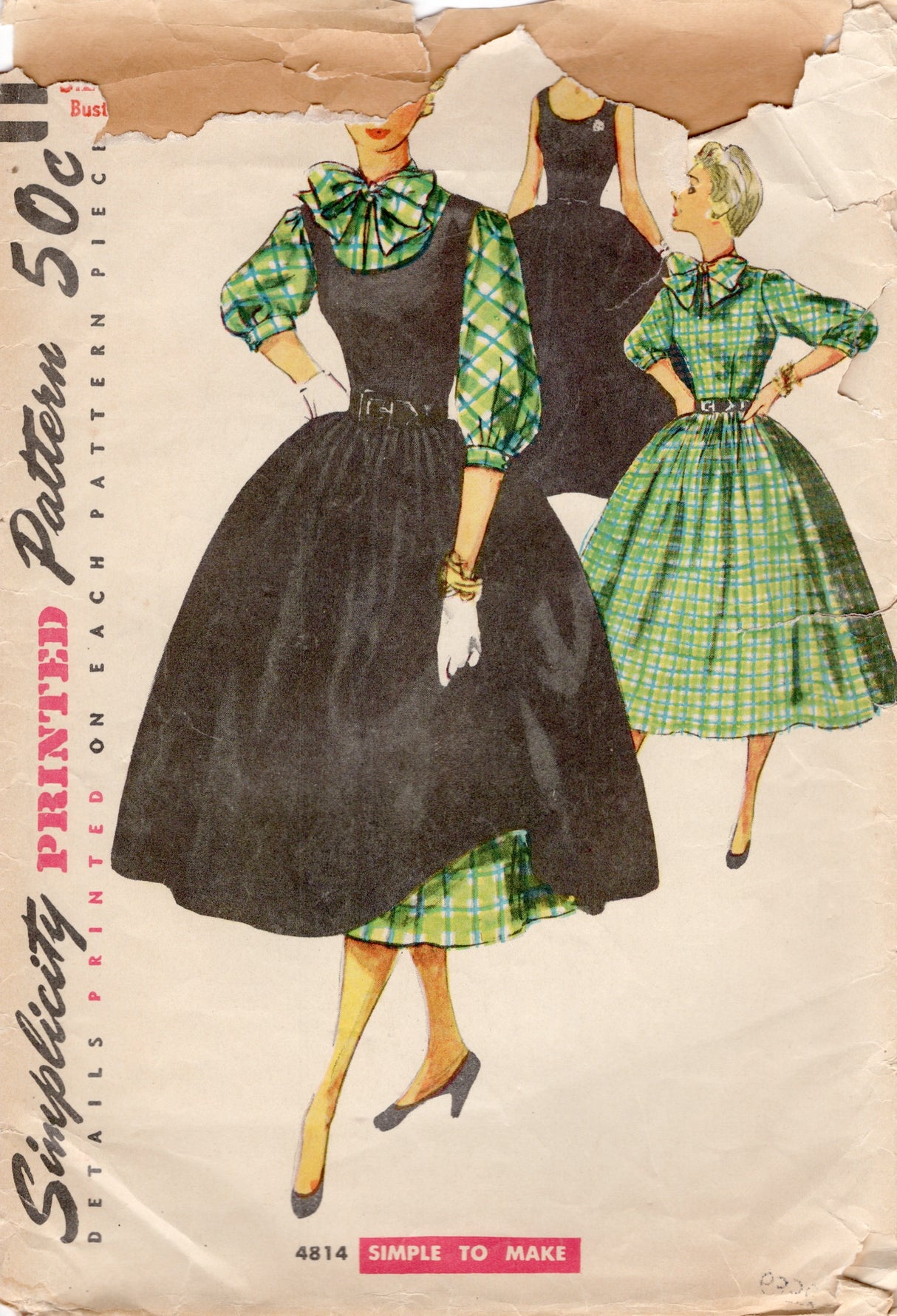 1950's Simplicity Pussy Bow Dress and Jumper Dress Pattern - Bust 30" - No. 4814