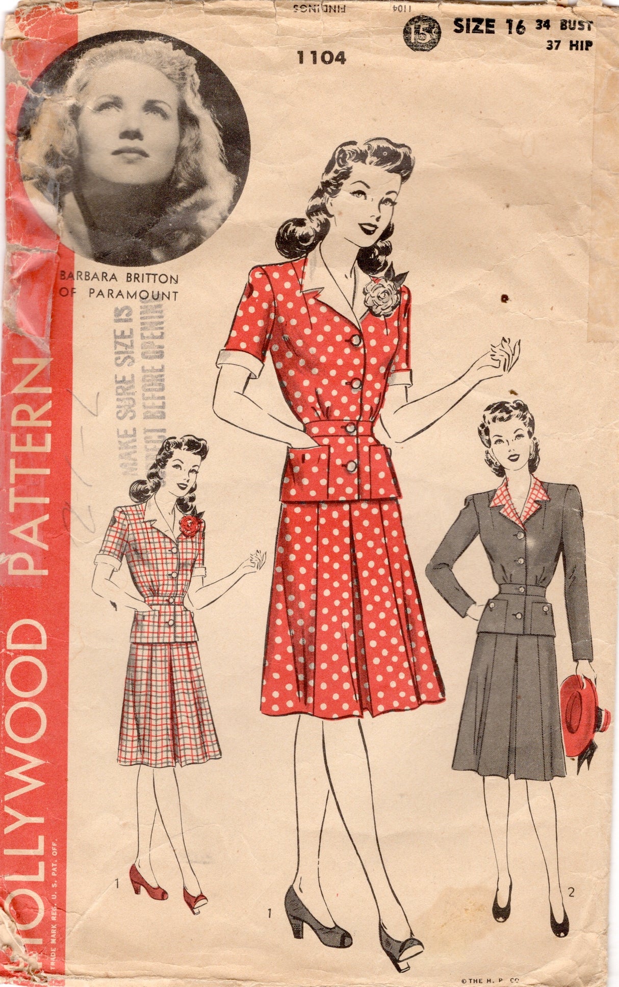 1940’s Hollywood Two Piece Dress Pattern- Bust 34”-  No. 1104