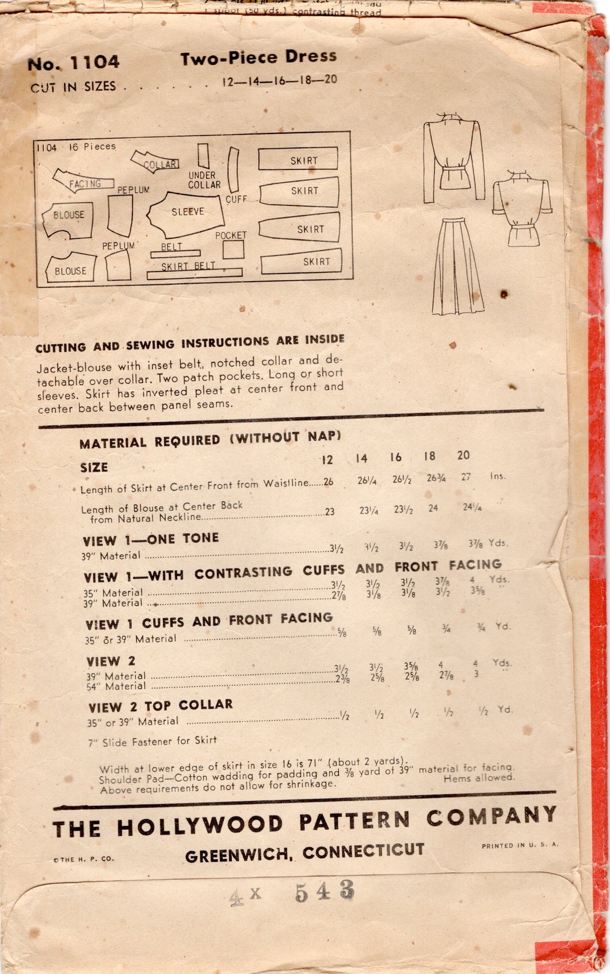 1940’s Hollywood Two Piece Dress Pattern- Bust 34”-  No. 1104