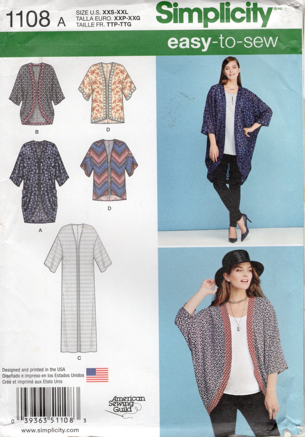 2000's Simplicity Unlined Loose Fitting Jacket Pattern in Two Lengths - Bust 29.5-48" - No. 1108