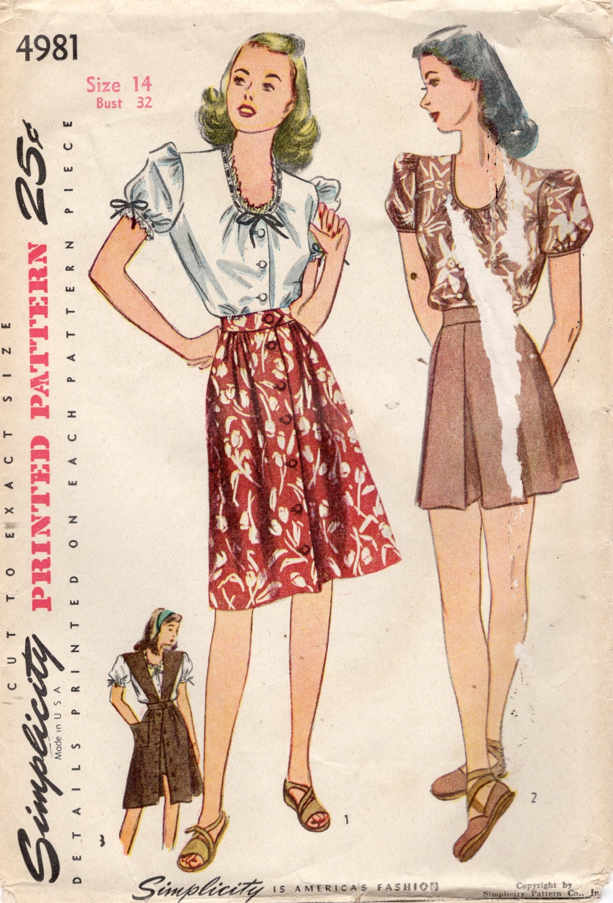 1940's Simplicity Scoop Neck Button Up Blouse, High Waisted Shorts and Button up Skirt or Jumper Pattern  - Bust 32" - No. 4981