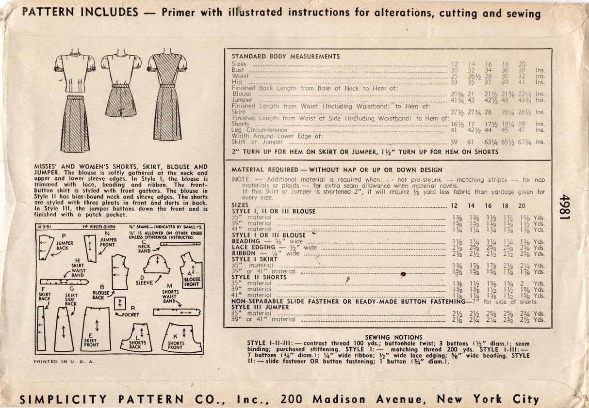 1940's Simplicity Scoop Neck Button Up Blouse, High Waisted Shorts and Button up Skirt or Jumper Pattern  - Bust 32" - No. 4981