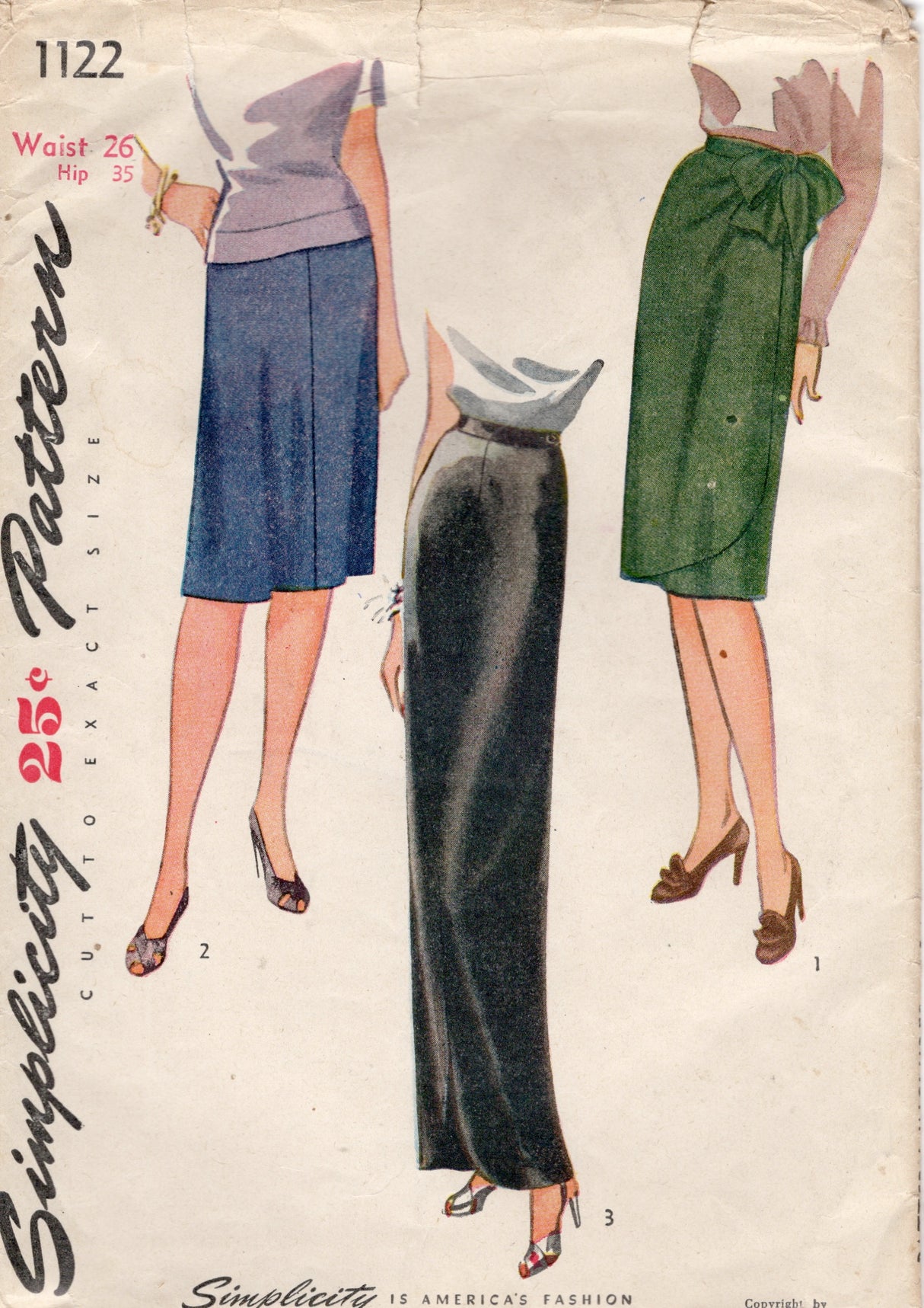 1940's Simplicity Straight or Wrap Skirt Pattern - Waist 26" - No. 1122