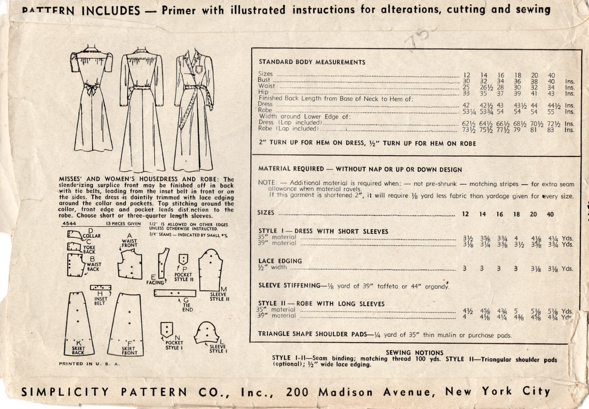 1940's Simplicity Housedress and Robe Pattern - Bust 30" - No. 4544
