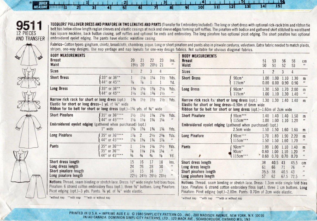 1980's Simplicity Child's Pullover and Pinafore Dress and Pants pattern - Chest 21" - No. 9511