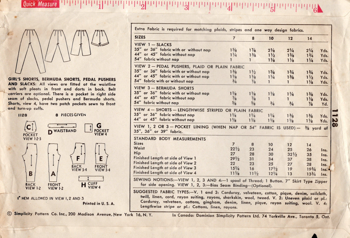 1950's Simplicity Girl's High Waisted Short, Bermuda Shorts, and Pants - Waist 23" - No. 1128