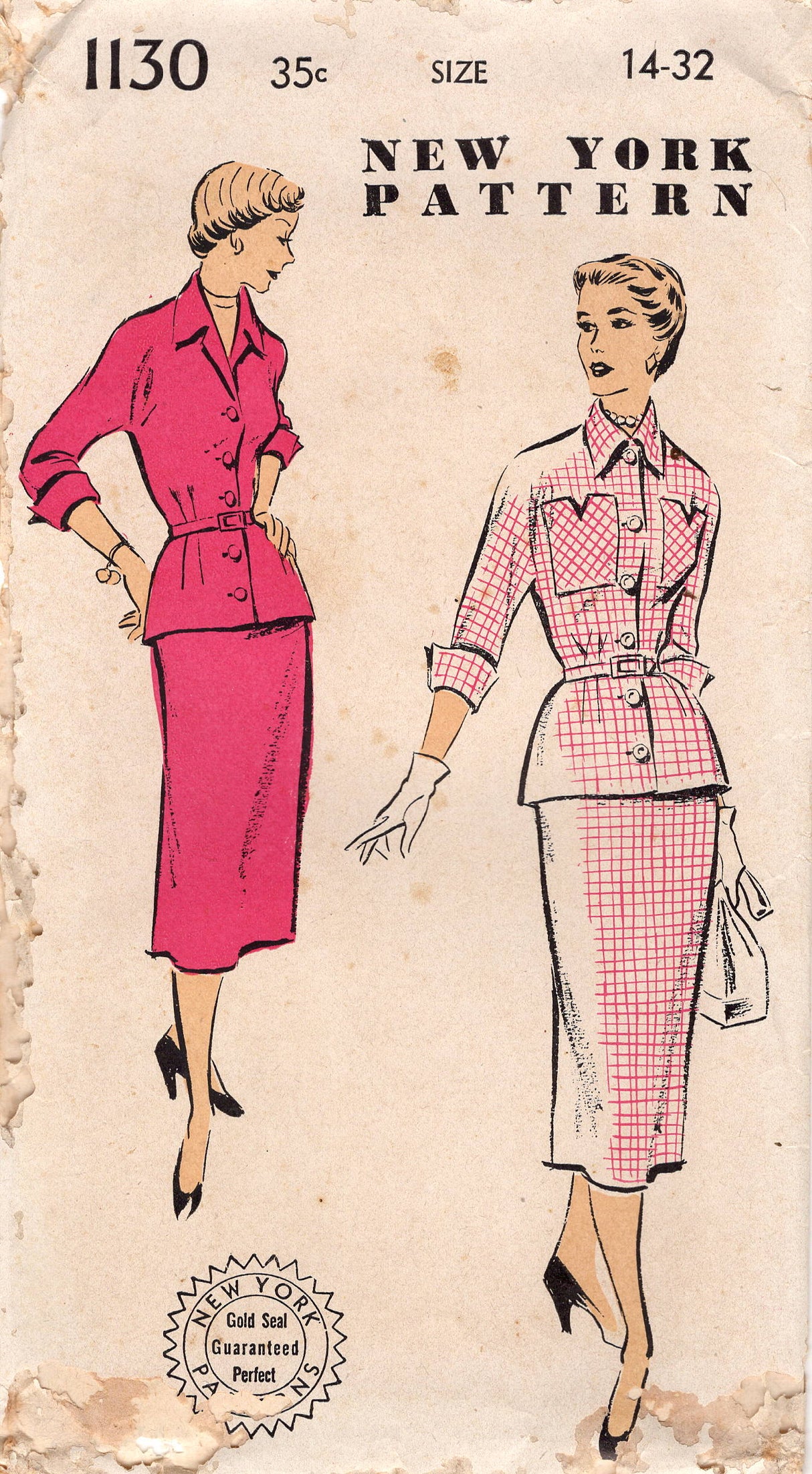 1950's New York Two Piece Dress Pattern with Peplum and Large Patch Pockets - Bust 32" - No. 1130