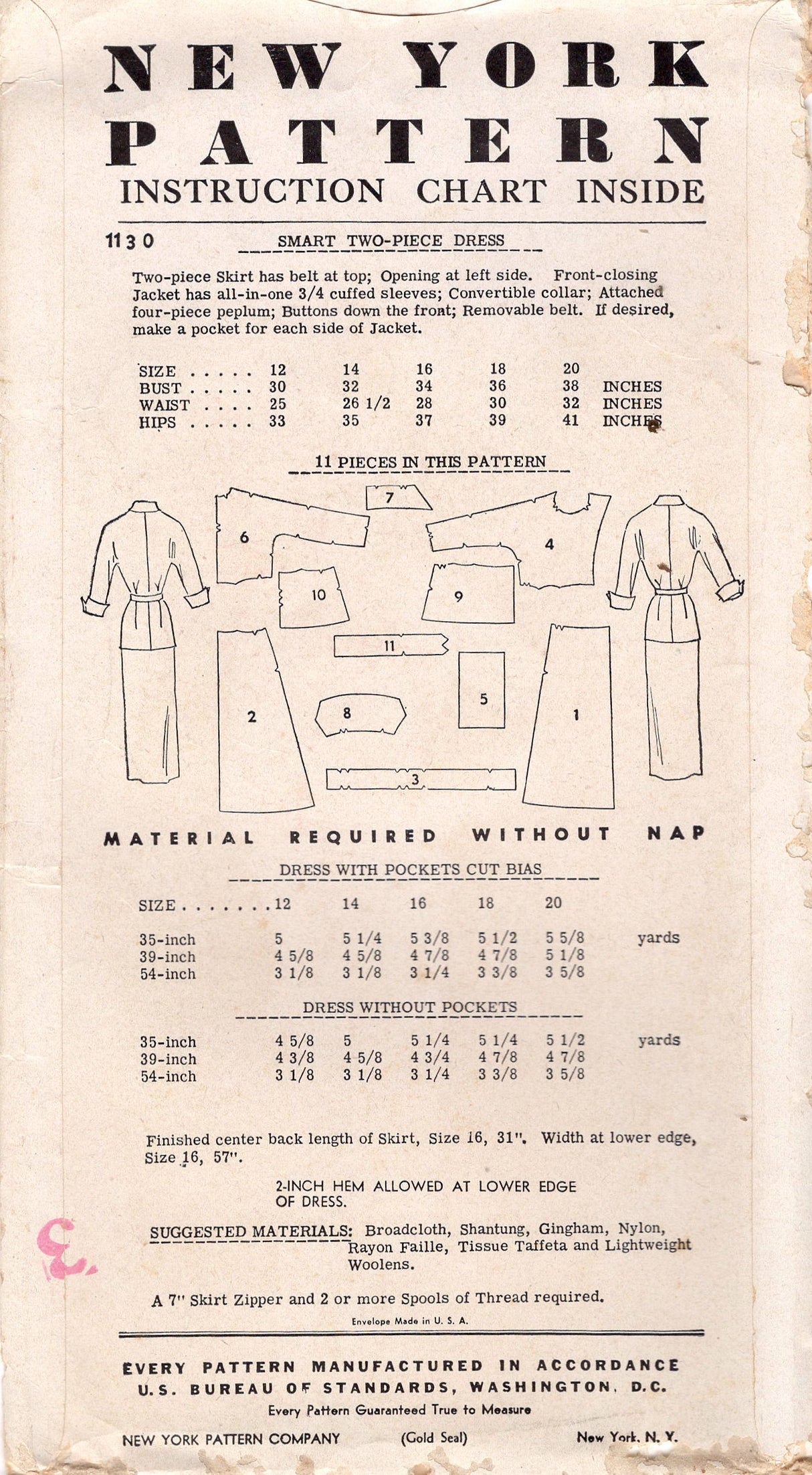 1950's New York Two Piece Dress Pattern with Peplum and Large Patch Pockets - Bust 32" - No. 1130