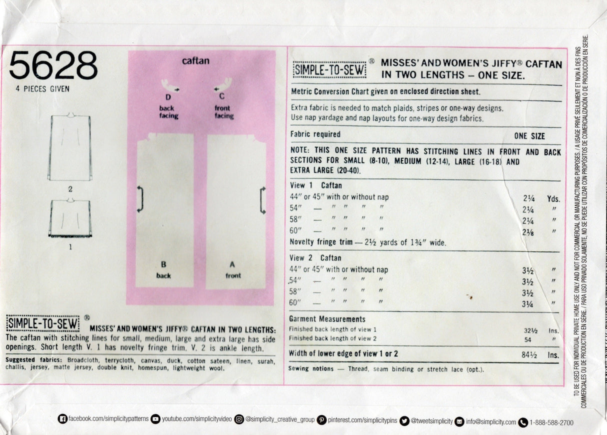 1970's Simplicity REPRODUCTION Jiffy Kaftan Pattern - Bust 31.5-44" - No. 5628