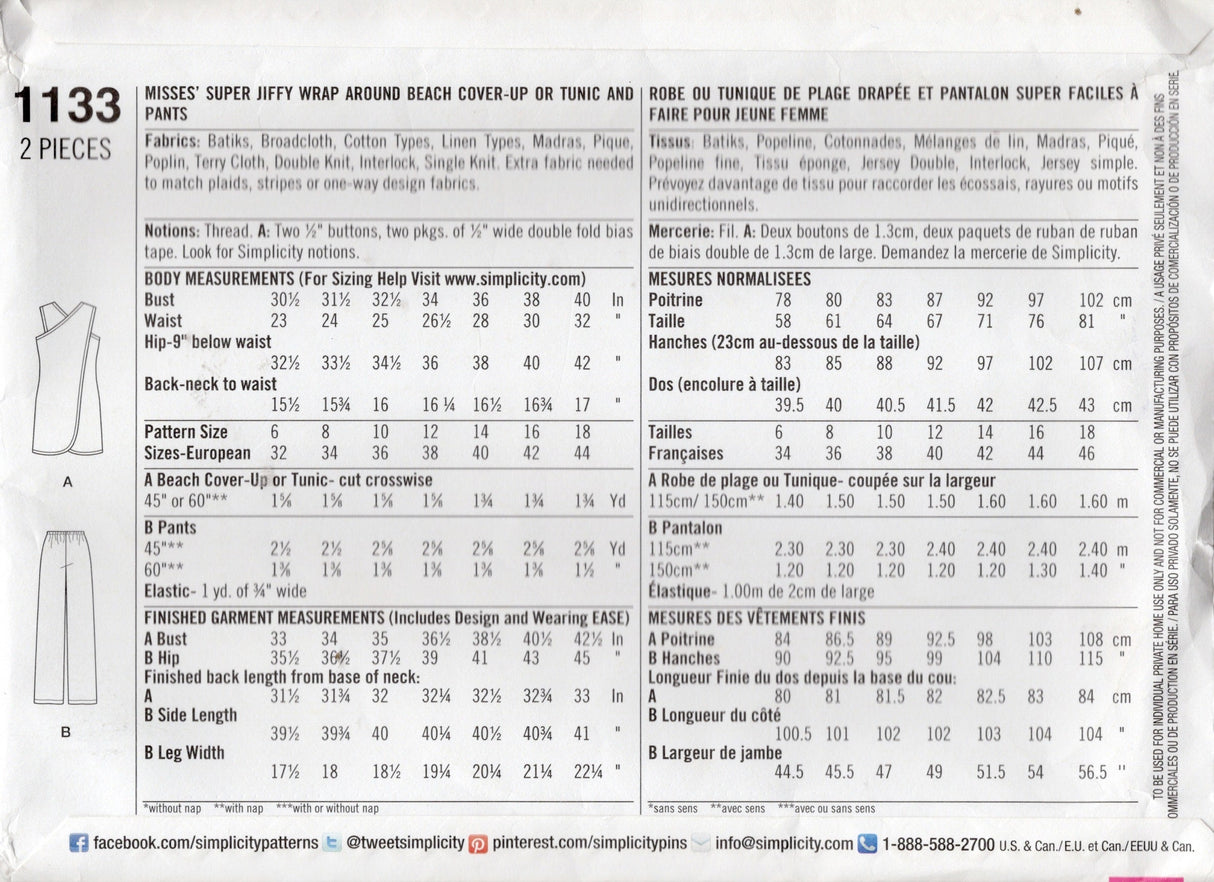 1970's Simplicity REPRODUCTION Jiffy Wrap Dress and Pants Pattern - Bust 30.5-40" - No. 1133