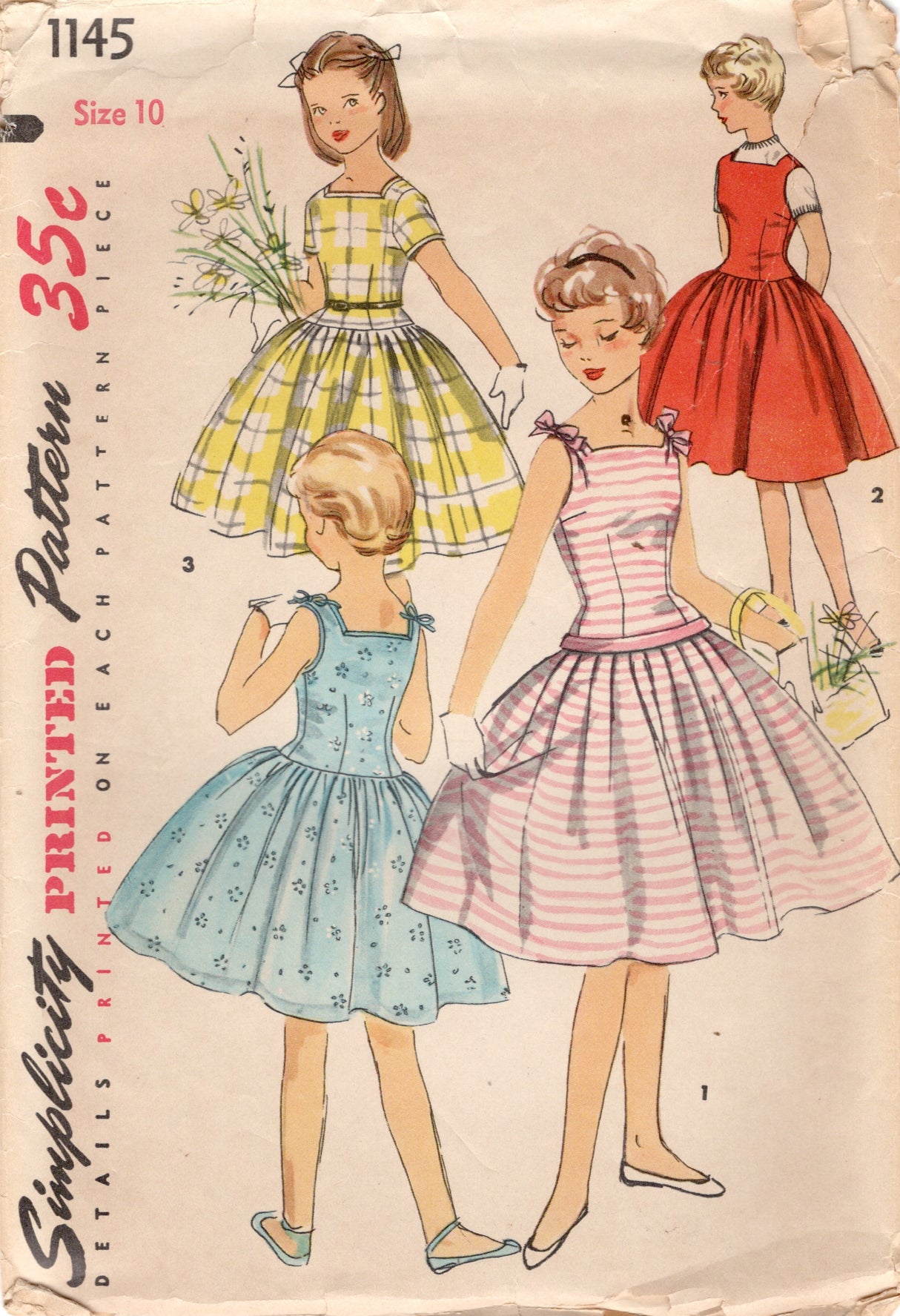 1950's Simplicity Child's Drop Waist Dress with Bow Accents - Chest 28" - No. 1145