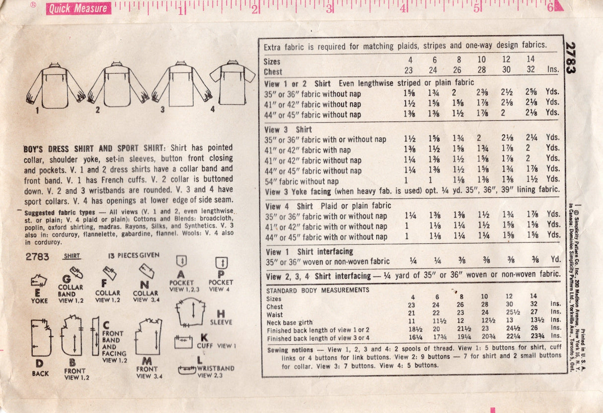 1950's Simplicity Child's Dress or Sports Button Up Shirt - Chest 26" - No. 2783