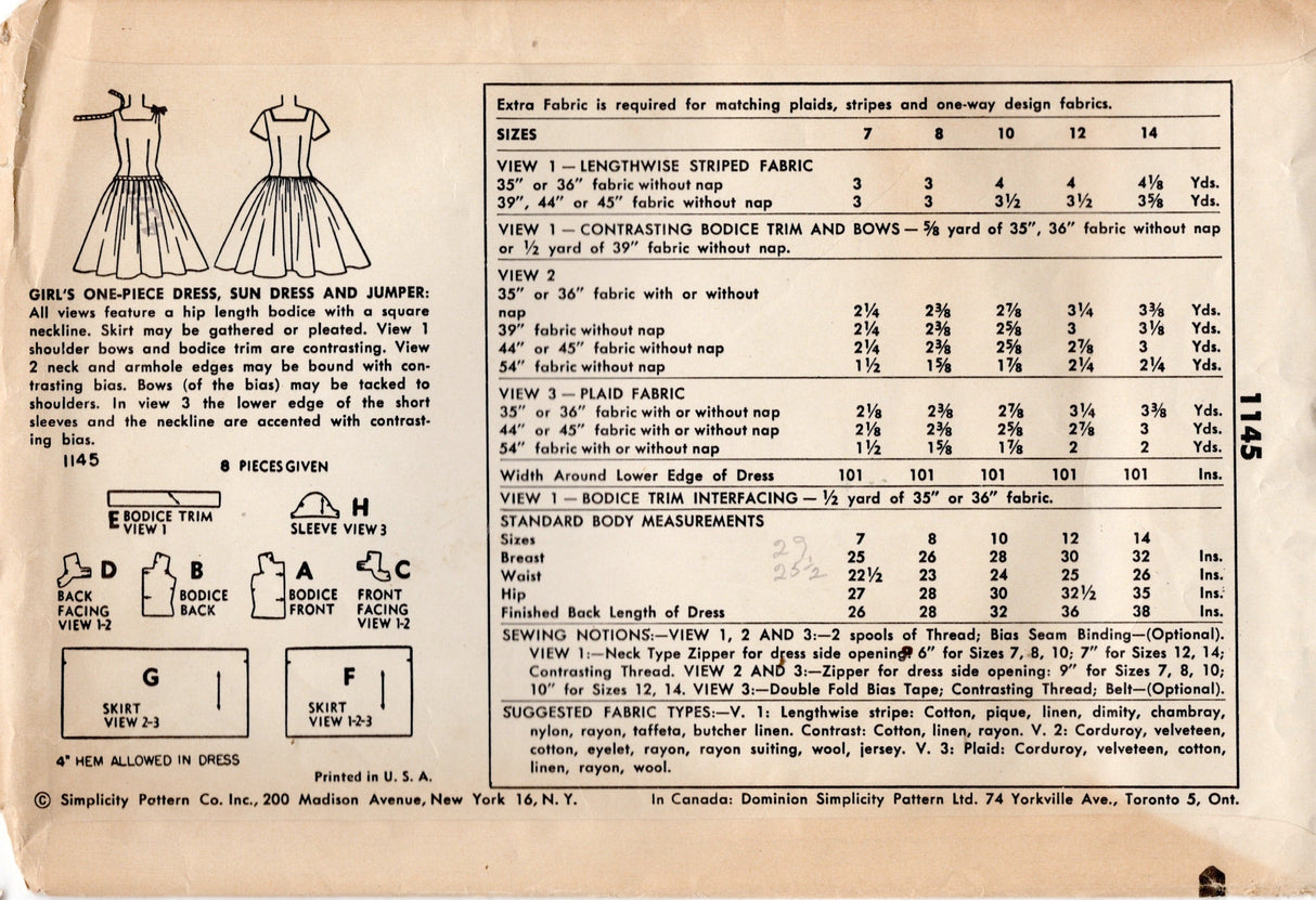 1950's Simplicity Child's Drop Waist Dress with Bow Accents - Chest 28" - No. 1145