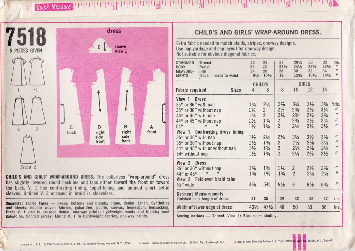 1960's Simplicity Child's Wrap Dress Pattern - Chest 25" - No. 7518