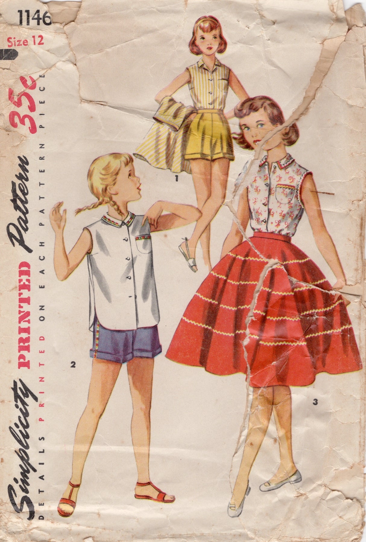 1950's Simplicity Child's Button Up Blouse, Shorts and Circle Skirt Pattern - Chest 30" - No. 1146