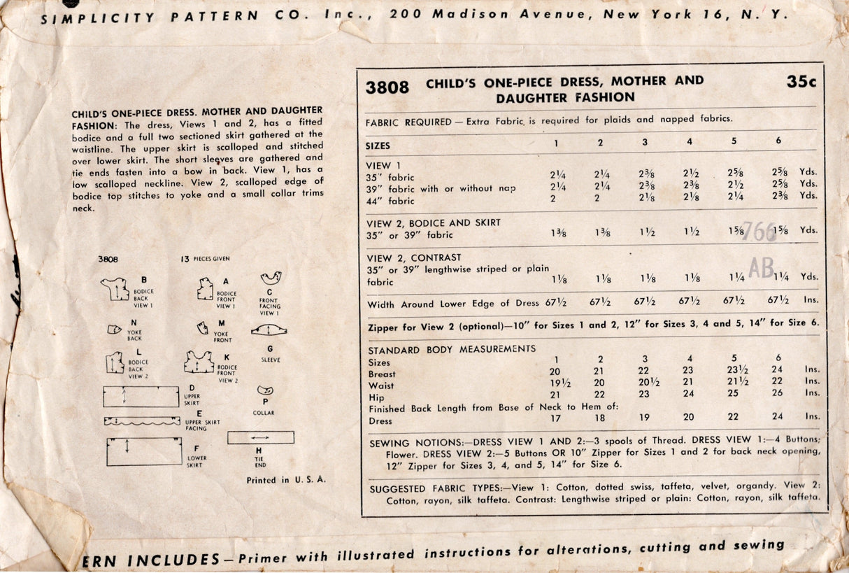 1950's Simplicity Child's Scallop Detail Dress Pattern - Chest 21" - No. 3808