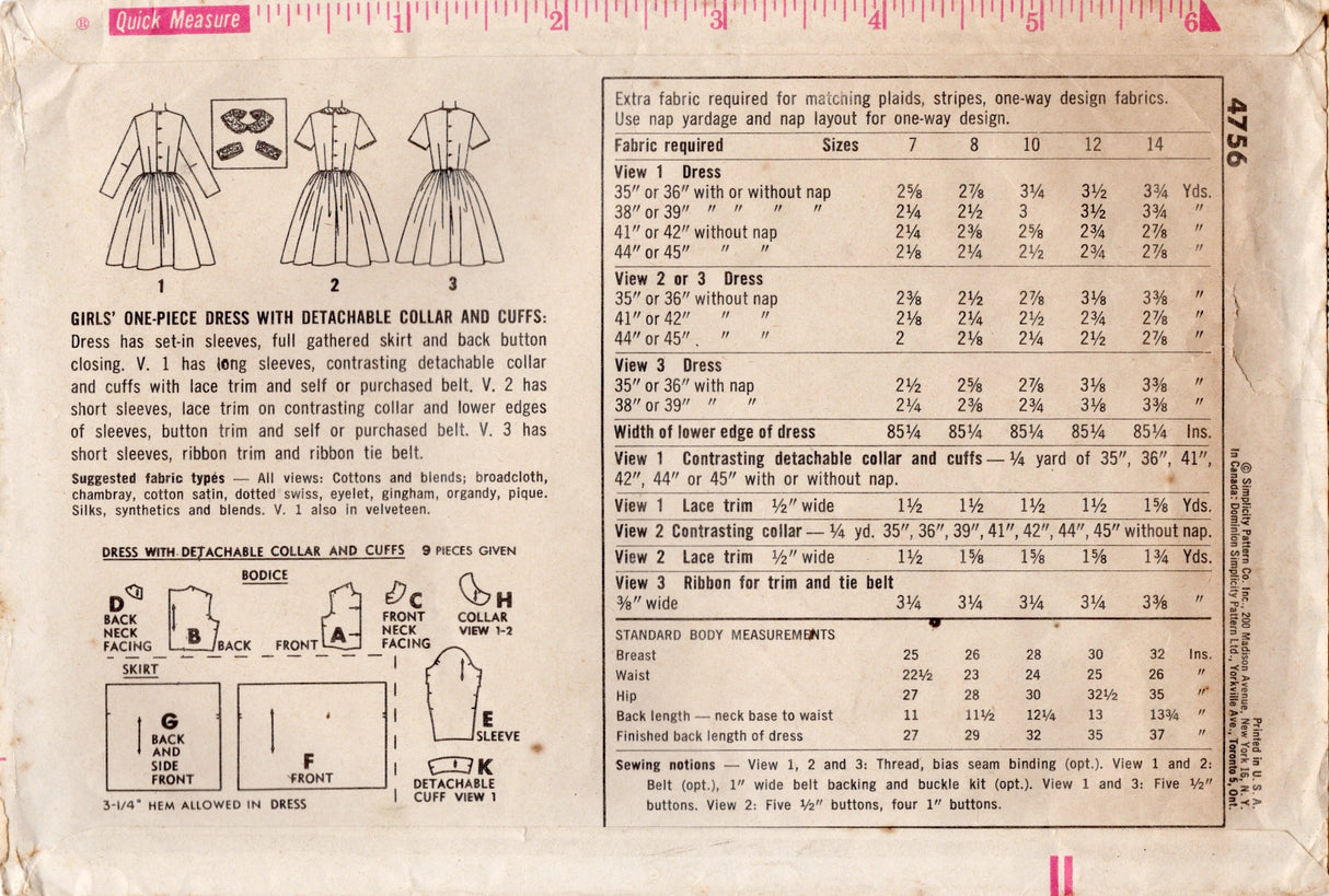 1960's Simplicity Child's Dress Pattern with Button Detail, Detachable Collar and Cuffs - Chest 26" - No. 4756