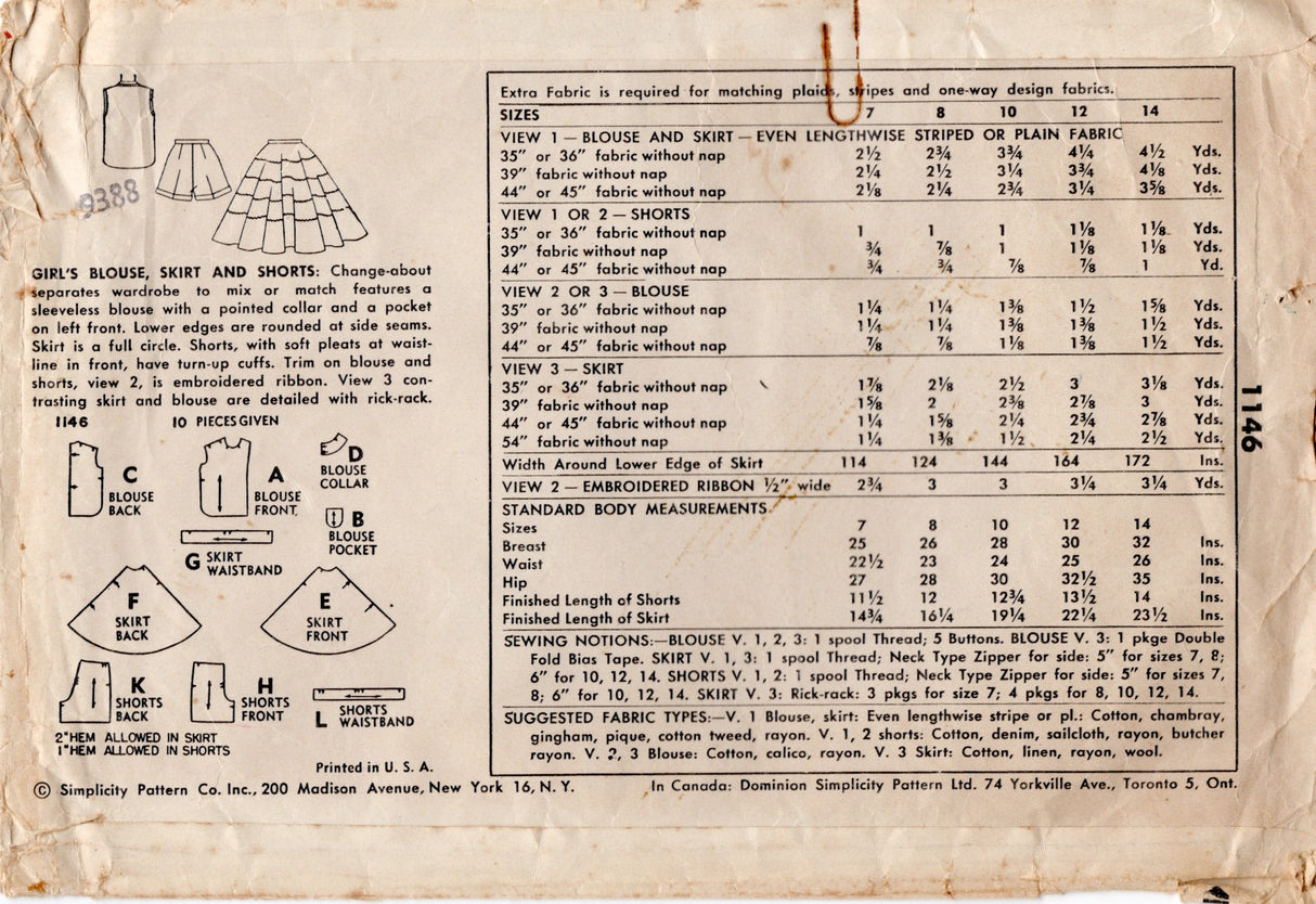 1950's Simplicity Child's Button Up Blouse, Shorts and Circle Skirt Pattern - Chest 30" - No. 1146