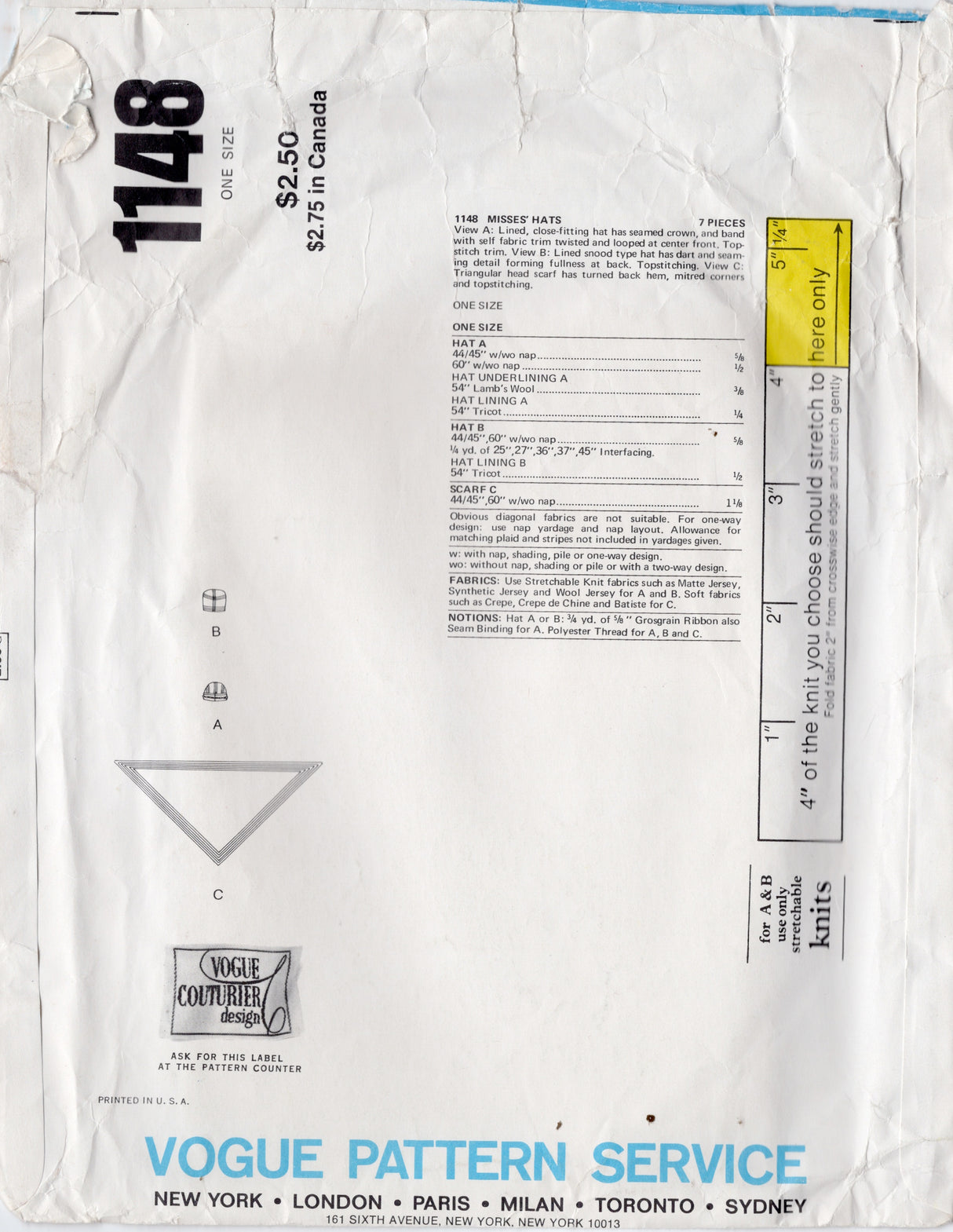 1970's Vogue Couturier Design Snood, Hat and Scarf Pattern - One Size - No. 1148