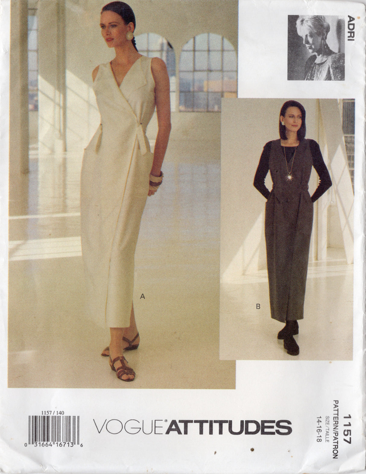 1990's Vogue Attitudes Loose-fitting Front Wrap Dress Pattern - ADRI - Bust 36-40" - No. 1157
