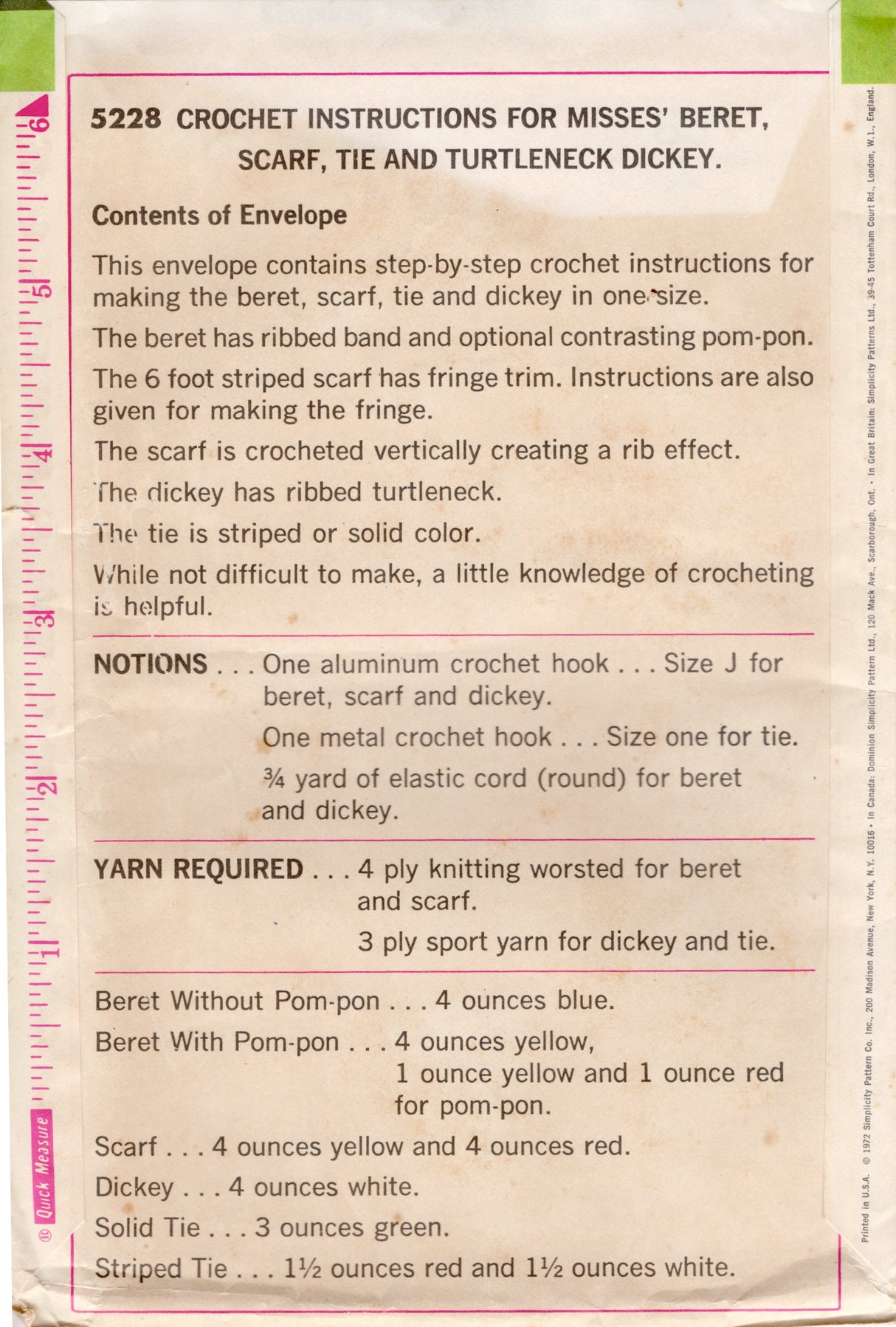 1970's Simplicity Crochet Instructions for Tie, Hat, Dickey and Scarf - OS- No. 5228