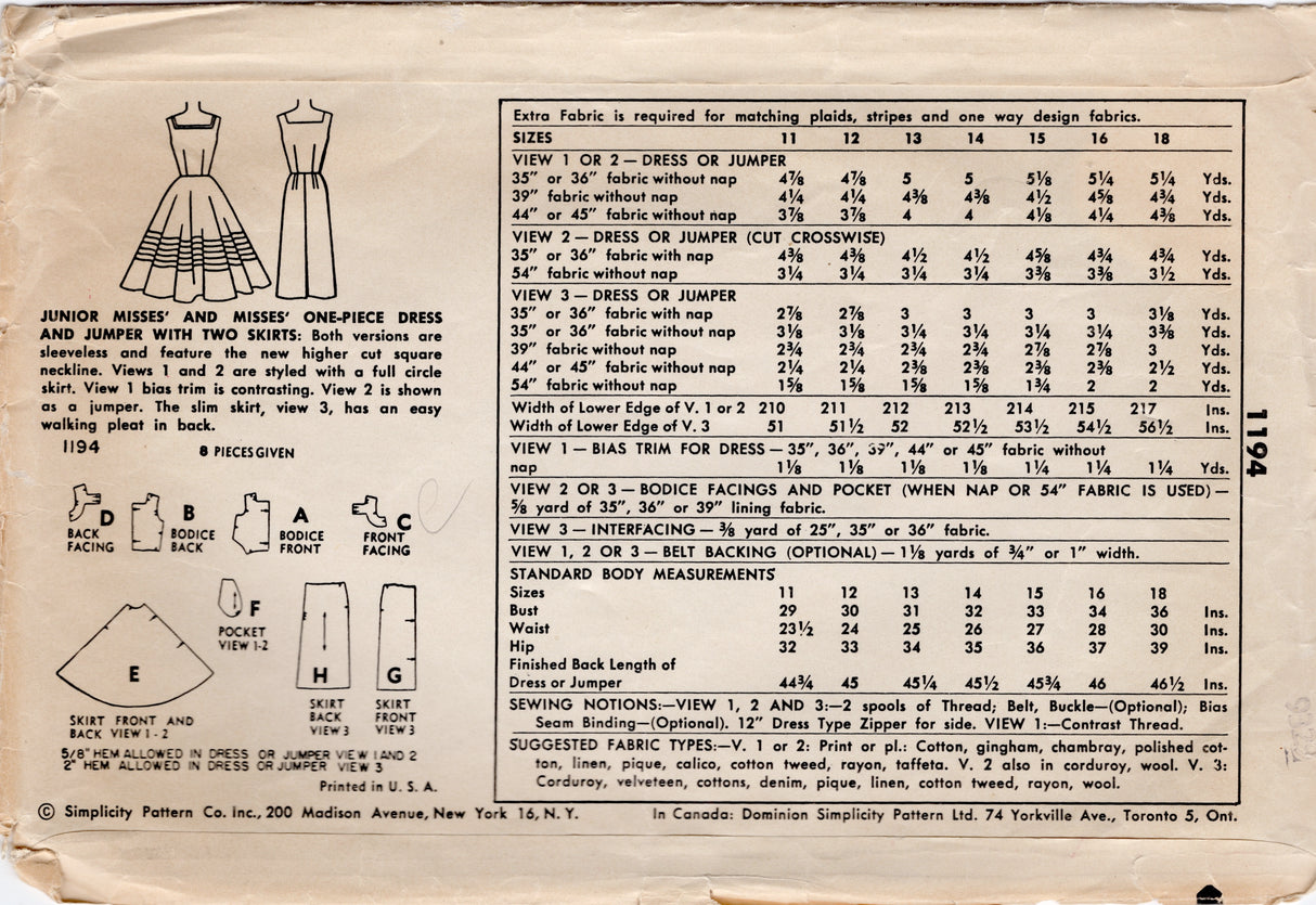 1950’s  Simplicity One Piece Jumper Dress Pattern with Circle or Slim Skirt - Bust 36" - No. 1194