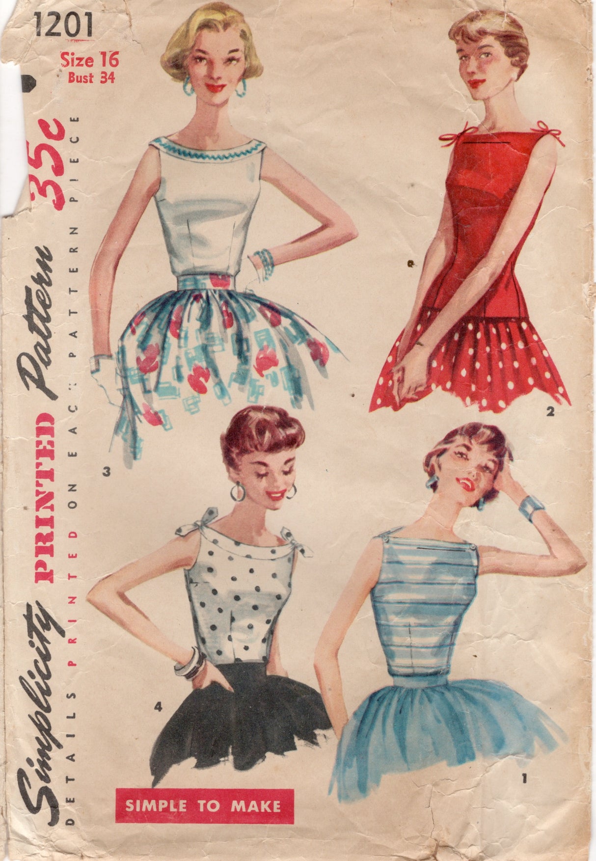 1950's Simplicity Boat Neck Blouses in Three Styles Pattern - Bust 34" - No. 1201