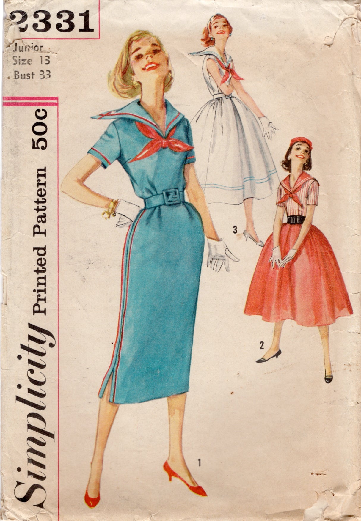 1950's Simplicity Sailor Collar Sheath or Fit and Flare Dress Pattern - Bust 33" - No. 2331