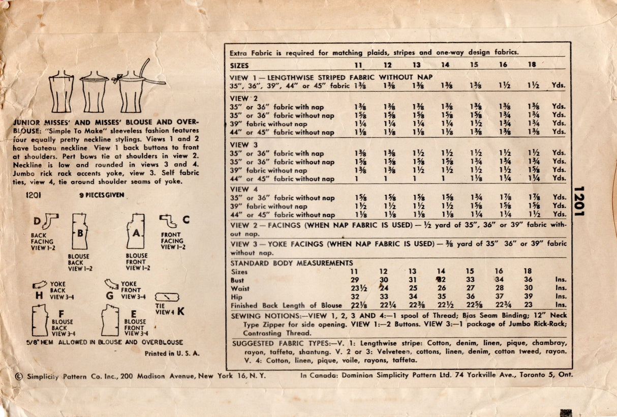1950's Simplicity Boat Neck Blouses in Three Styles Pattern - Bust 34" - No. 1201