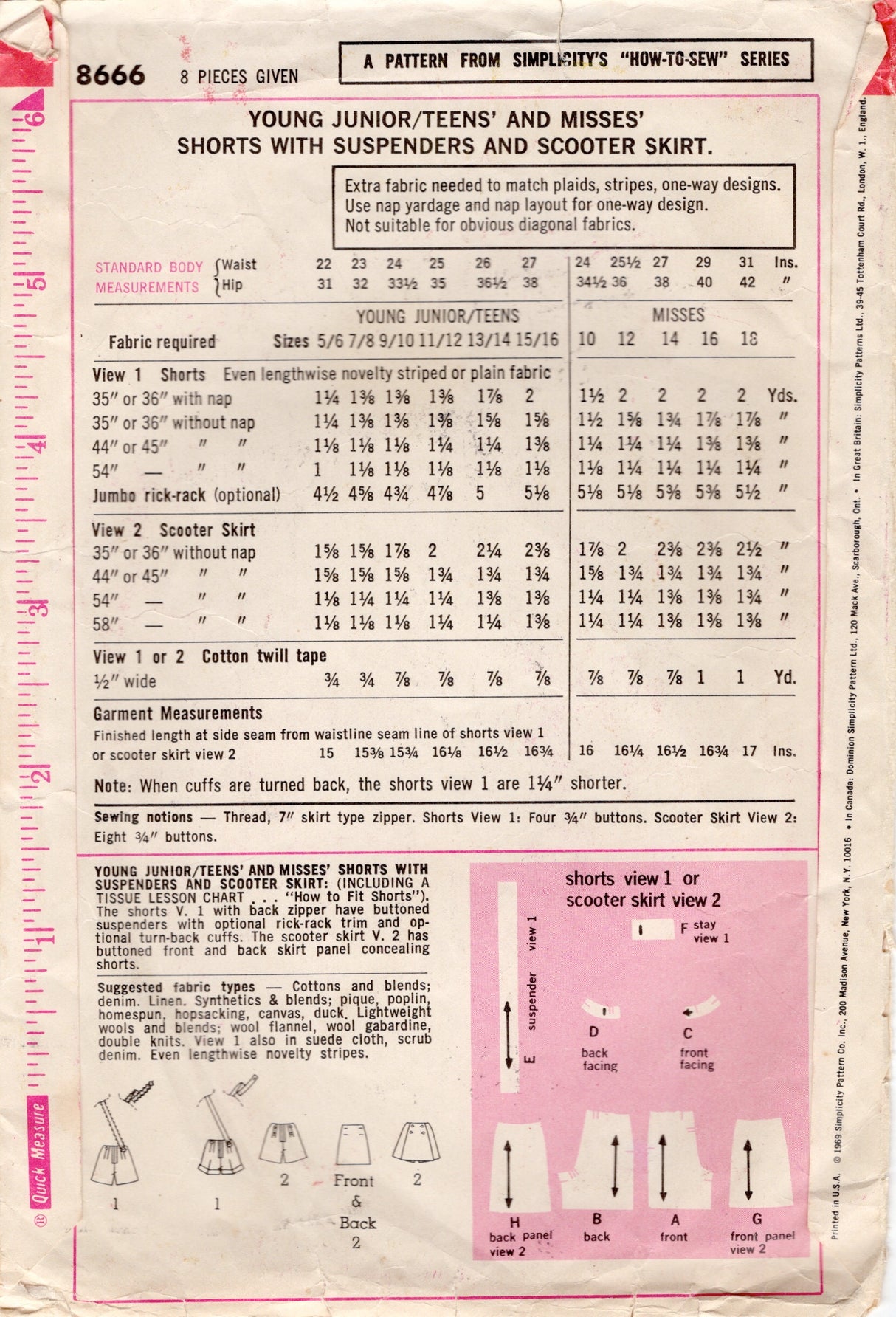 1960's Simplicity Suspendered Hot Shorts and Skort Pattern - Waist 26" - No. 8666