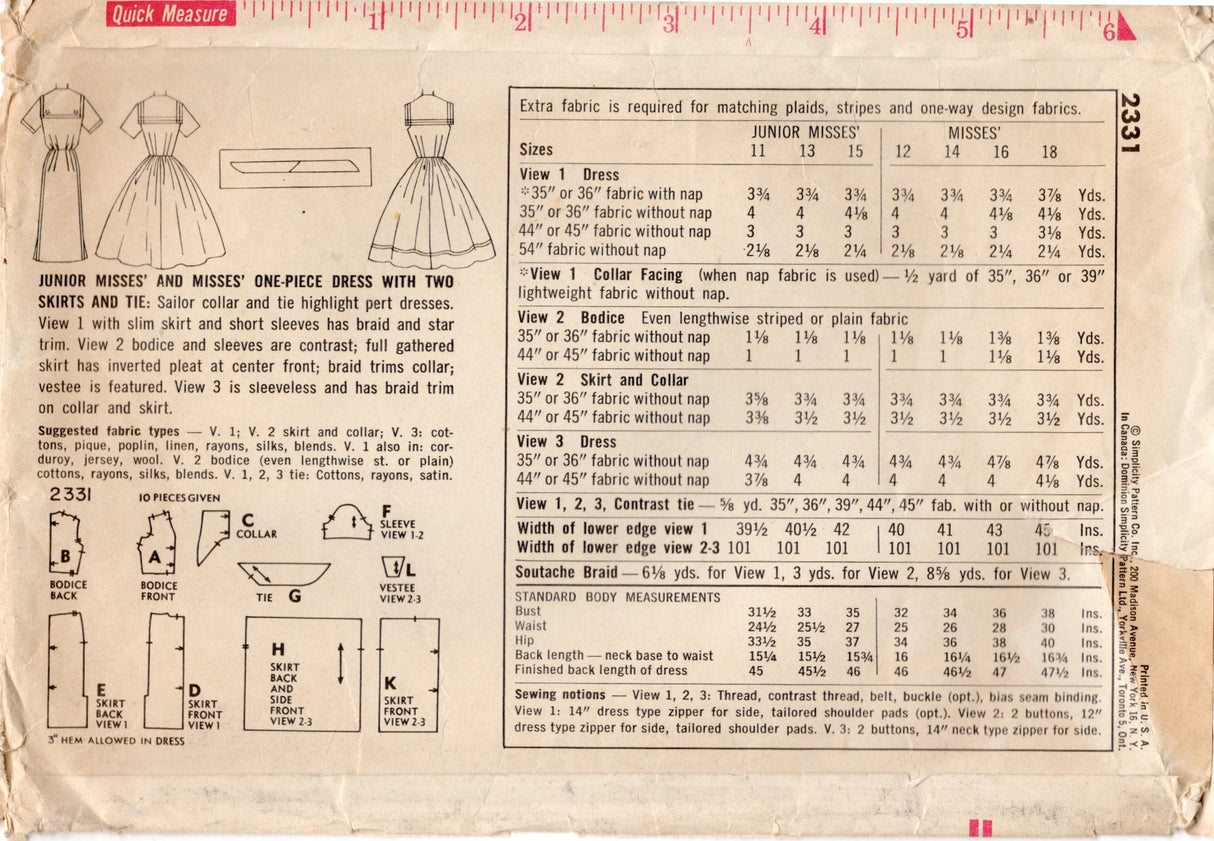 1950's Simplicity Sailor Collar Sheath or Fit and Flare Dress Pattern - Bust 33" - No. 2331